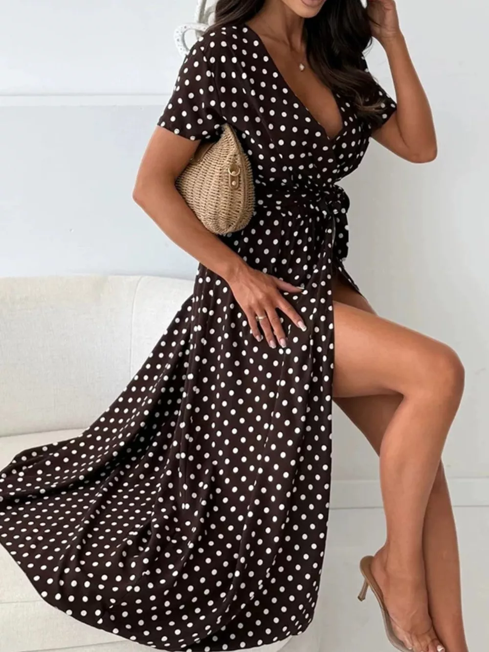 Polka Dot Surplice Maxi Dress with Slit, image 14