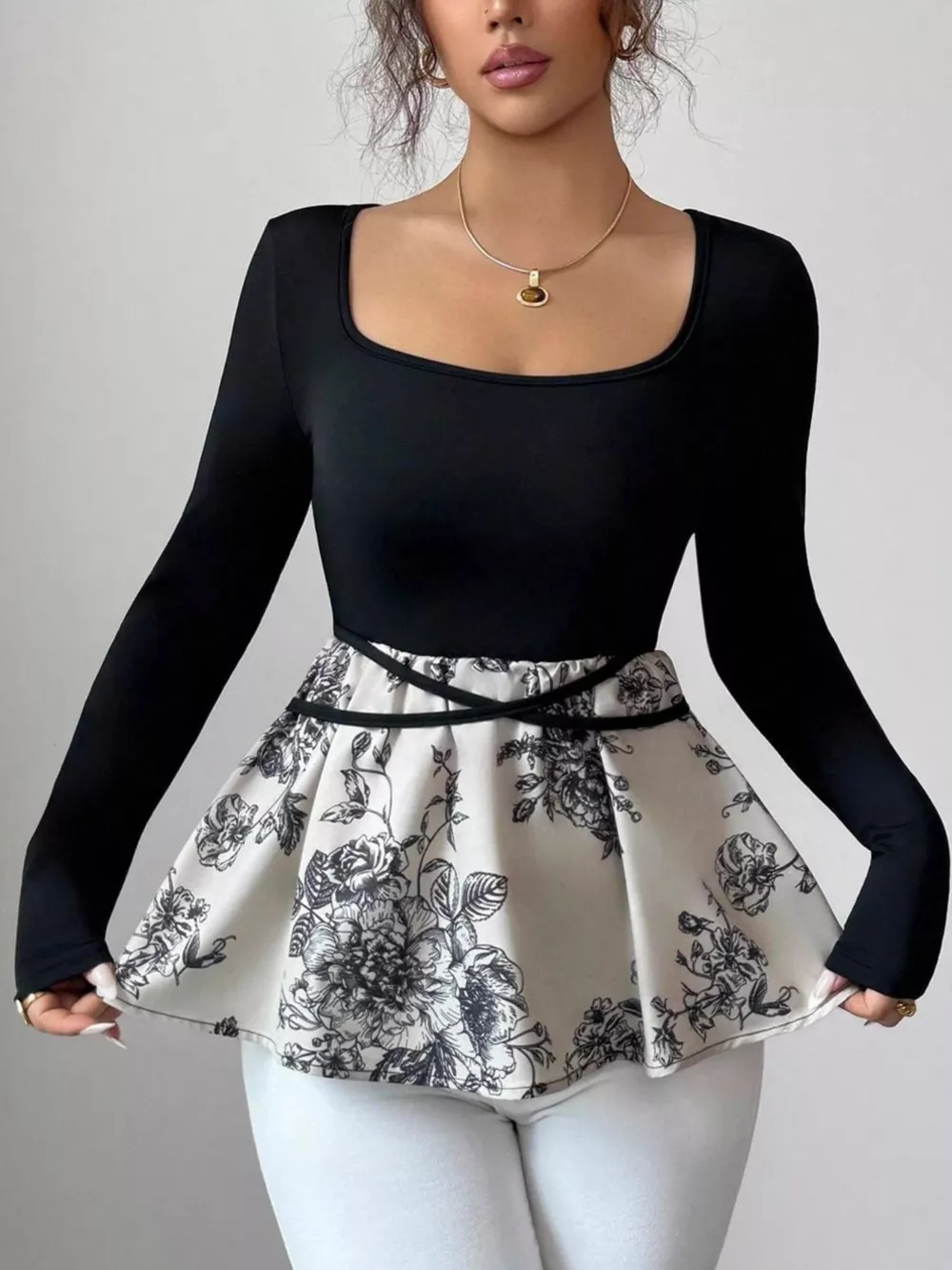 Floral Print Peplum Hem Long Sleeve Top, image 2