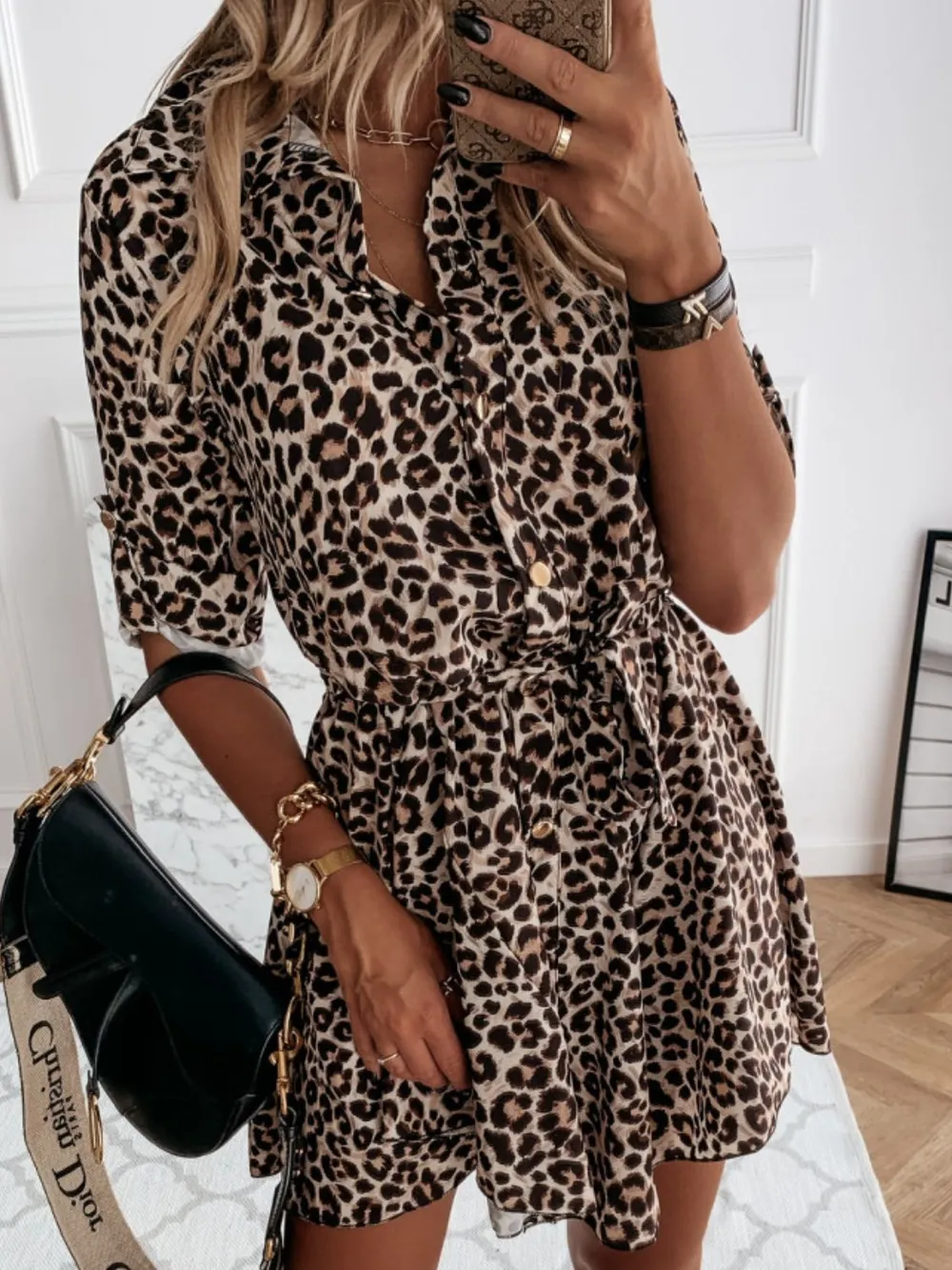 Printed Tie Waist Roll-Tab Sleeve Mini Dress, image 6