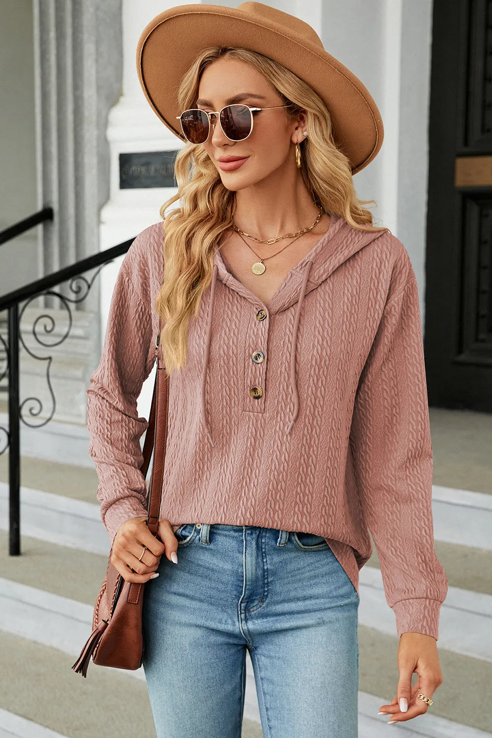 Drawstring Half Button Long Sleeve Hoodie, image 22