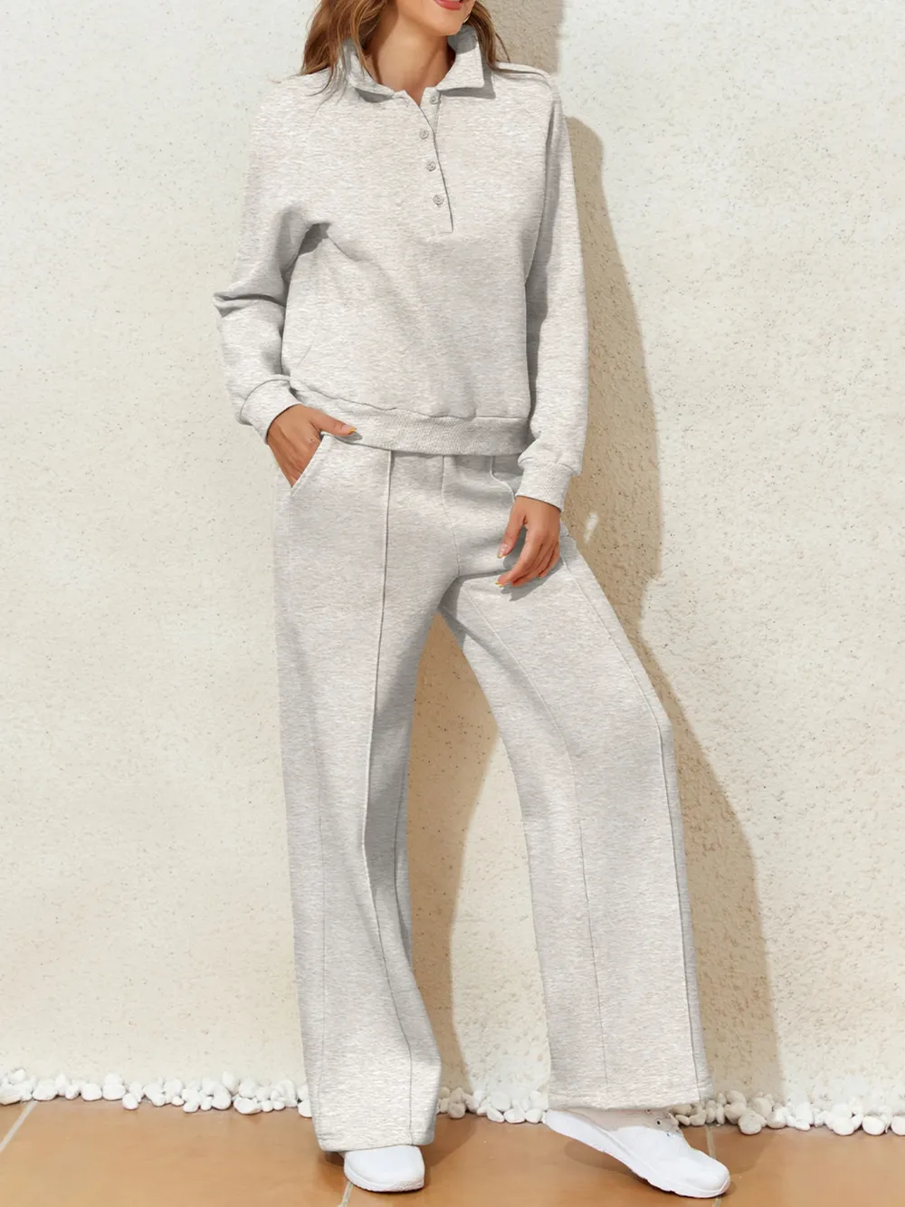 Collared Sweatshirt and High Waist Pants Active Set, image 3