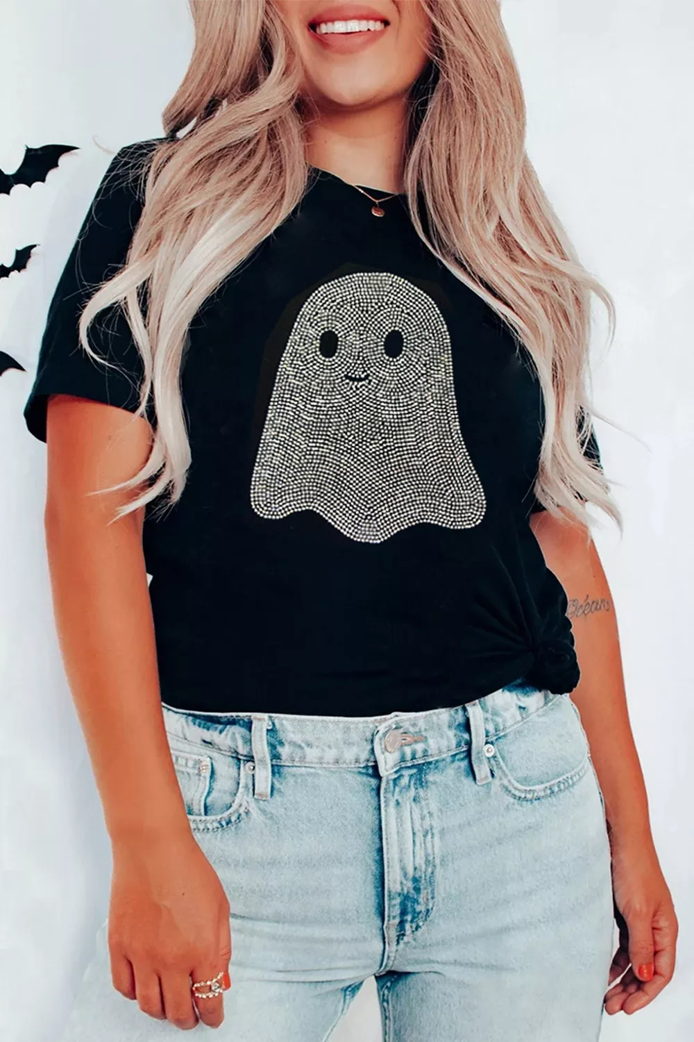Full Size Rhinestone Ghost Round Neck T-Shirt Plus Size, image 2