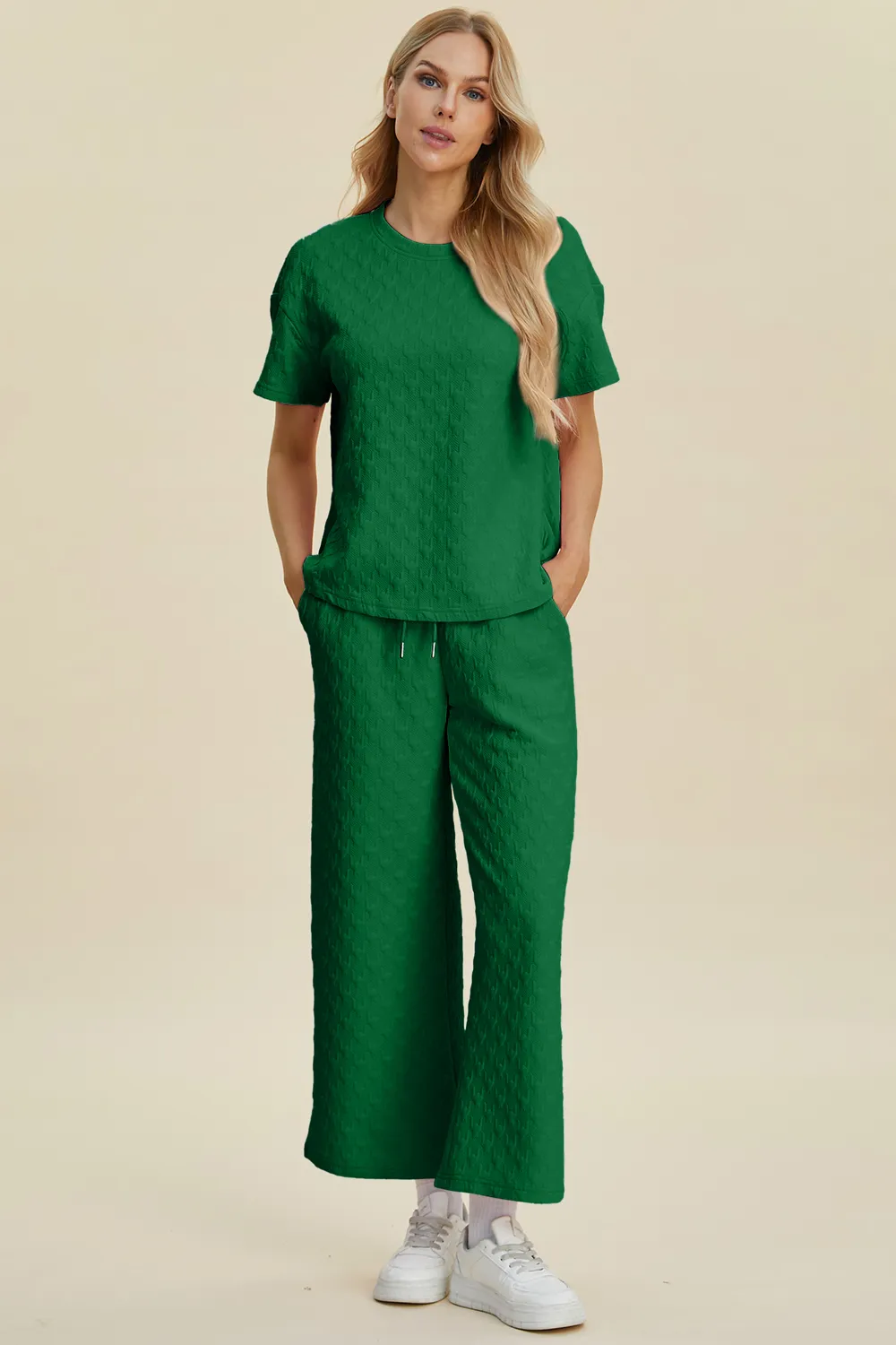 Full Size Texture Round Neck Short Sleeve Top and Pants Set, image 2