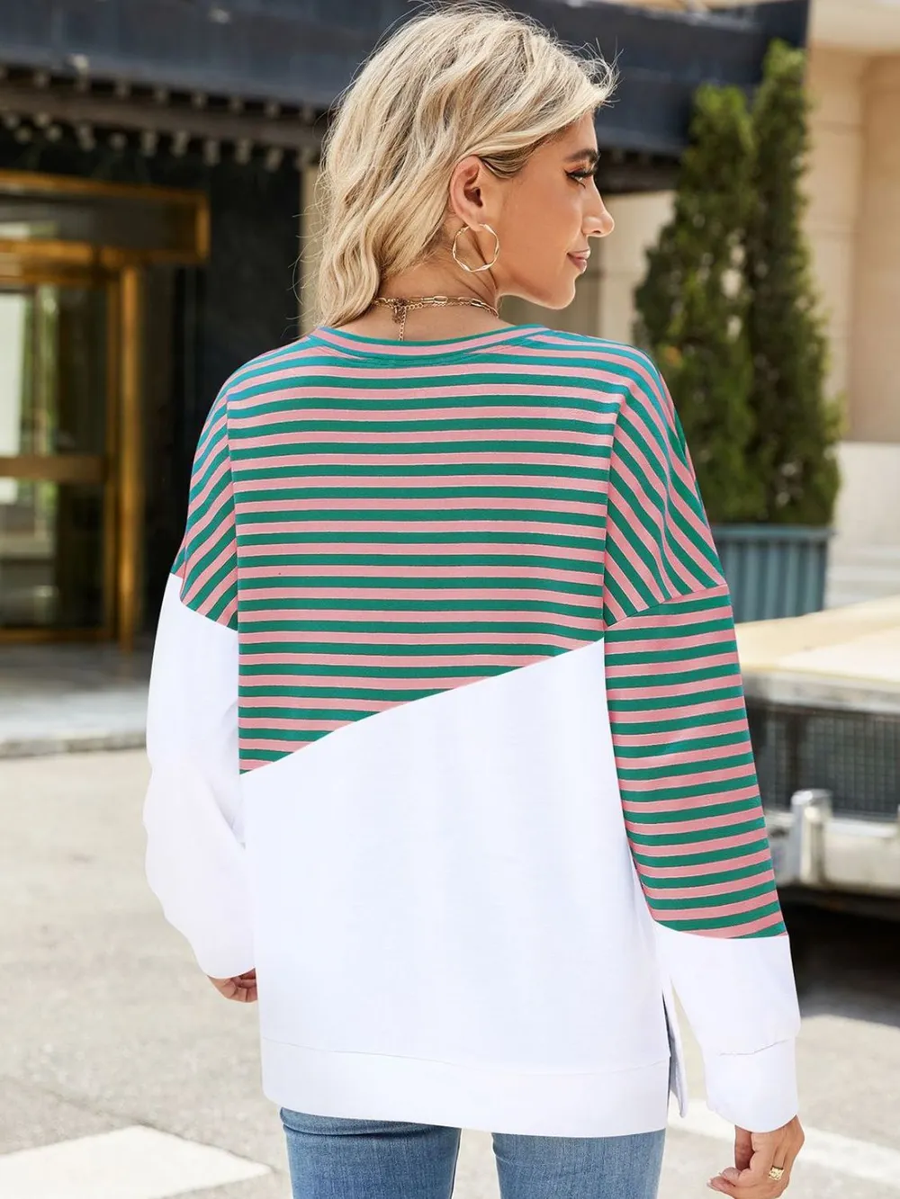Slit Contrast Striped Long Sleeve Sweatshirt, image 24
