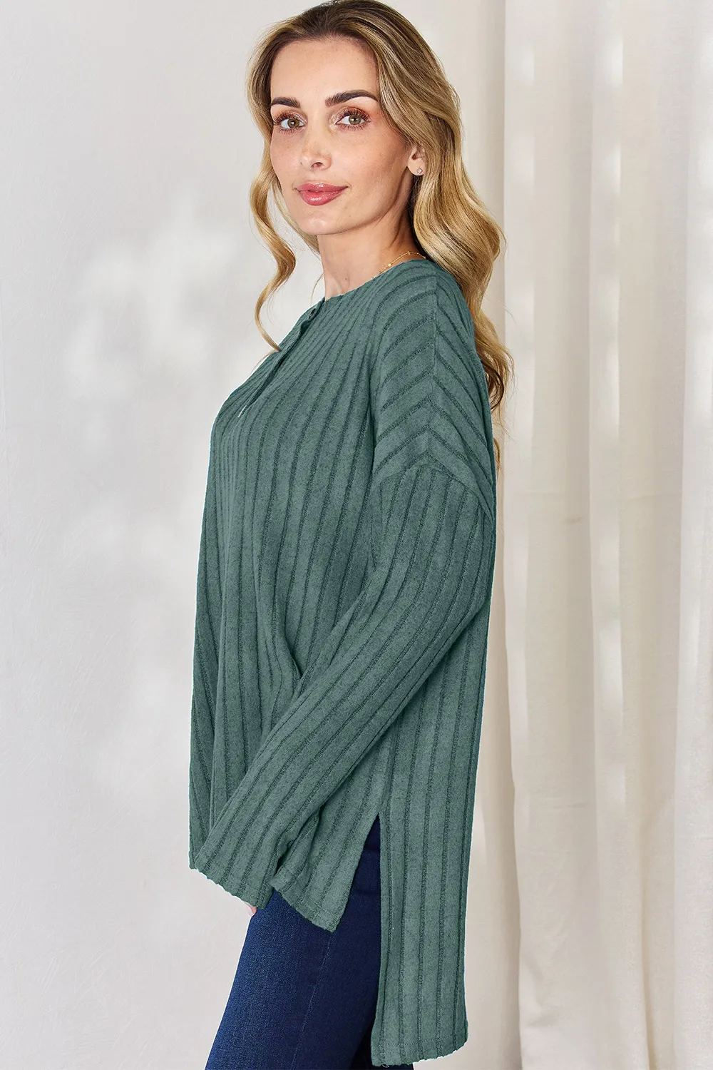 Full Size Ribbed Half Button Long Sleeve High-Low T-Shirt, image 2