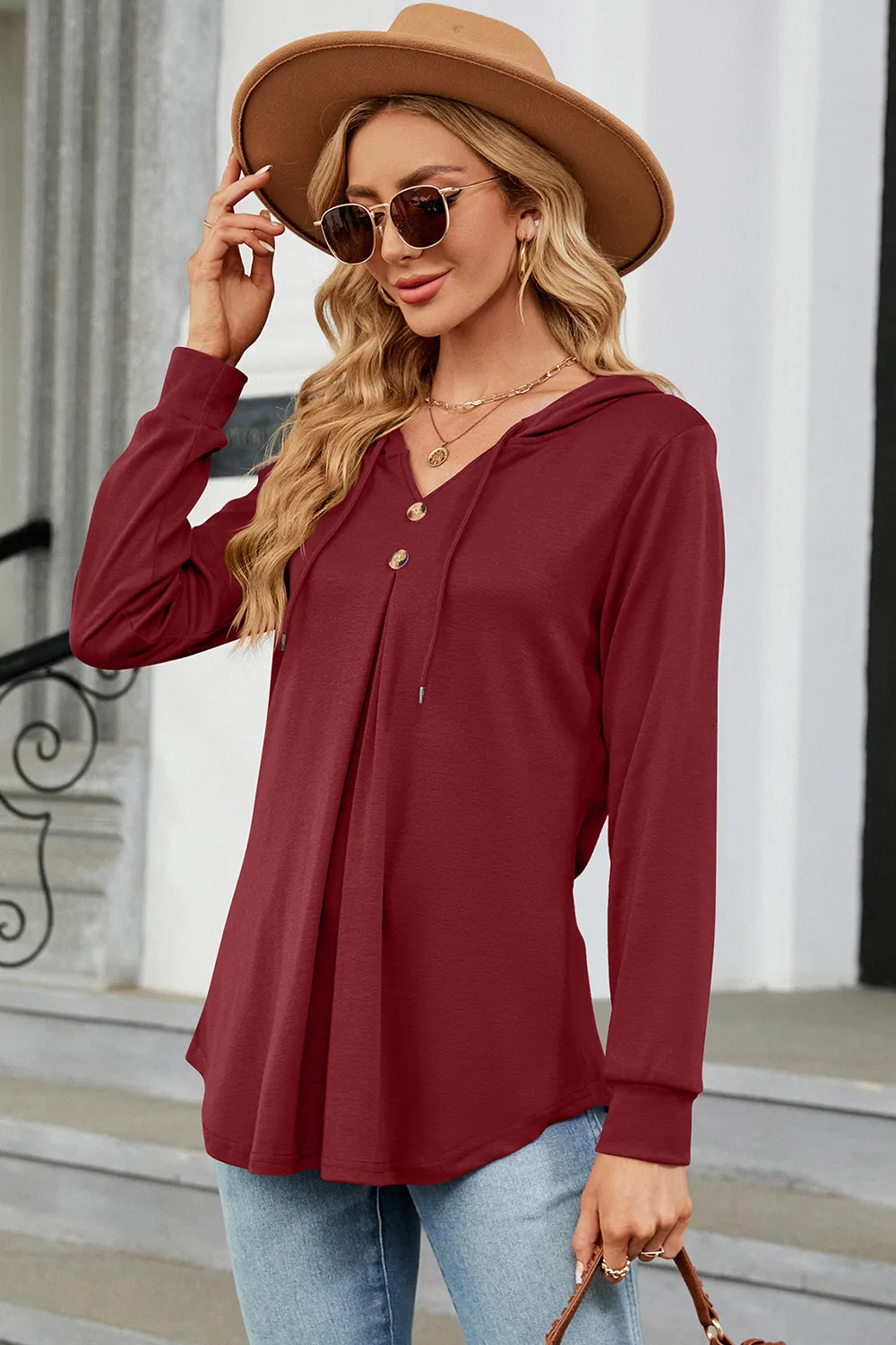 Decorative Button Drawstring Long Sleeve Hoodie, image 12