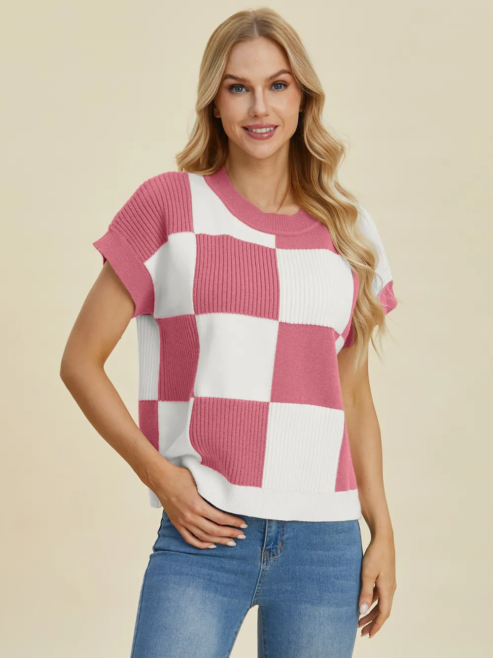 Full Size Checkered Round Neck Short Sleeve Sweater, image 4