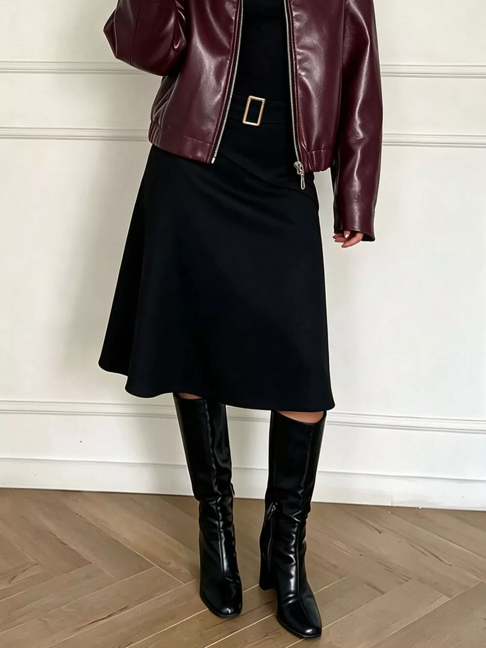 High-Waisted A-Line Midi Skirt with Belted Detail, image 4