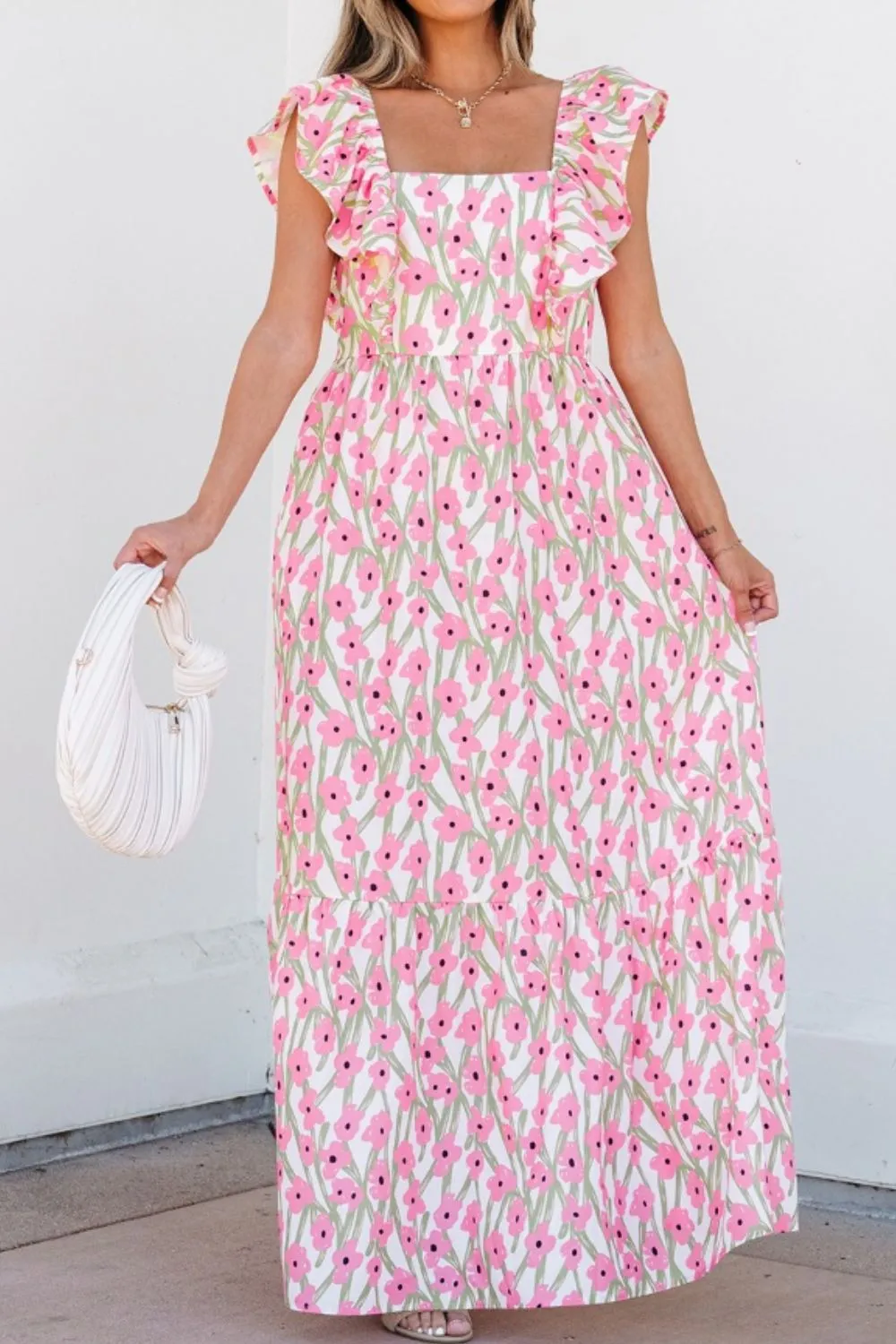 Floral Print Square Neck Ruffled Cap Sleeve Maxi Dress, image 2