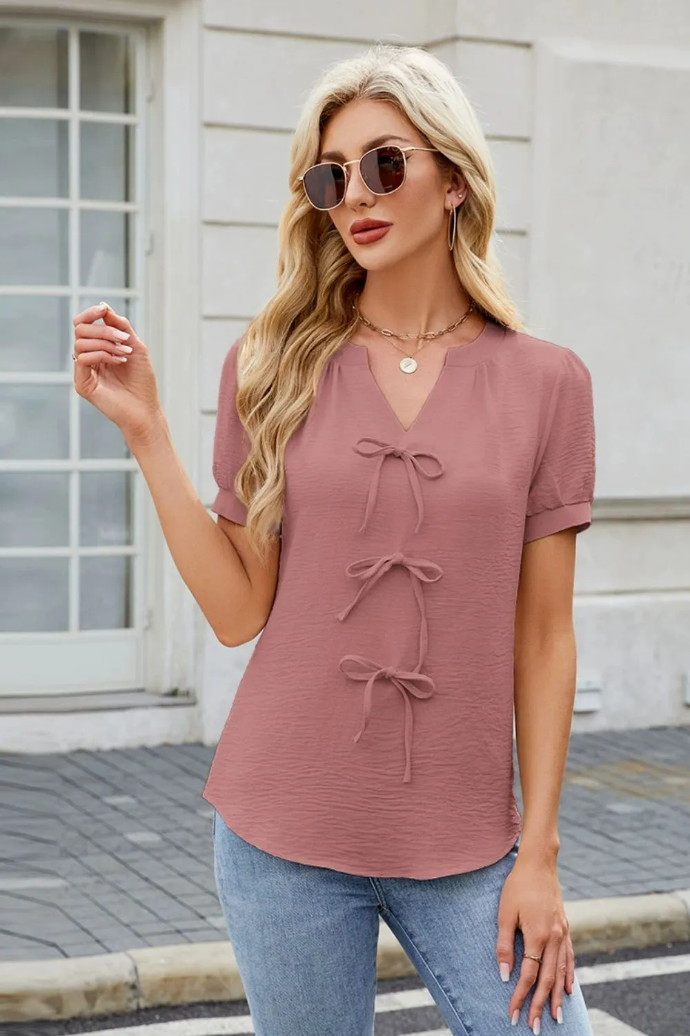 Bow Notched Short Sleeve Blouse, image 6