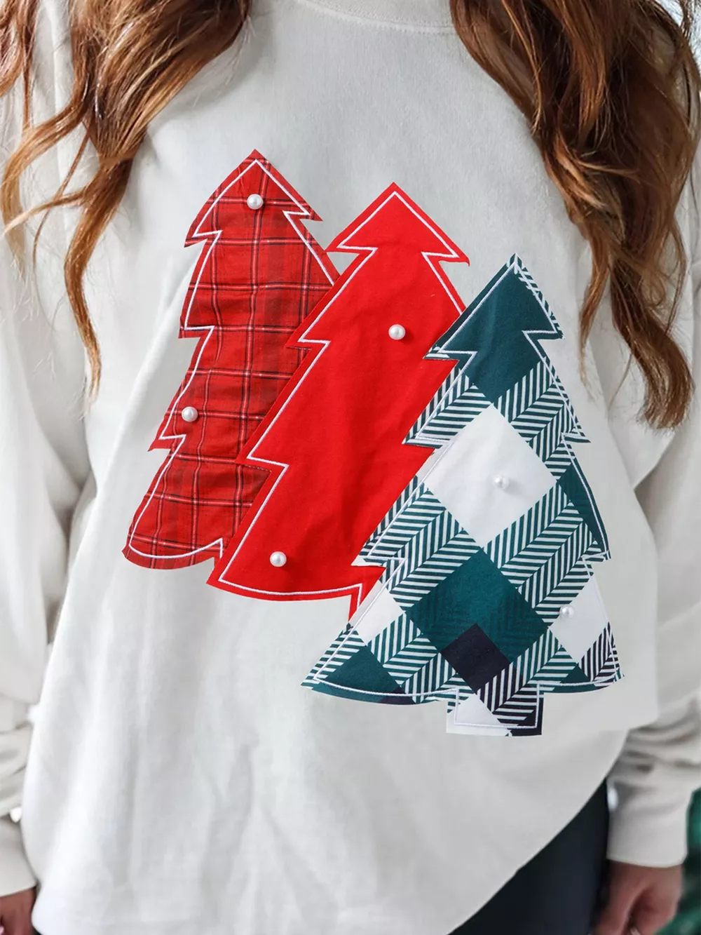 Pearl Plaid Christmas Tree Patched Drop Shoulder Sweatshirt, image 2