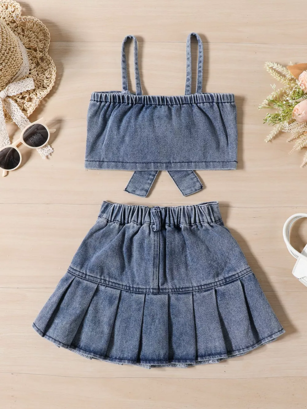 Children's Denim Bowknot Crop Top and Pleated Skirt Set