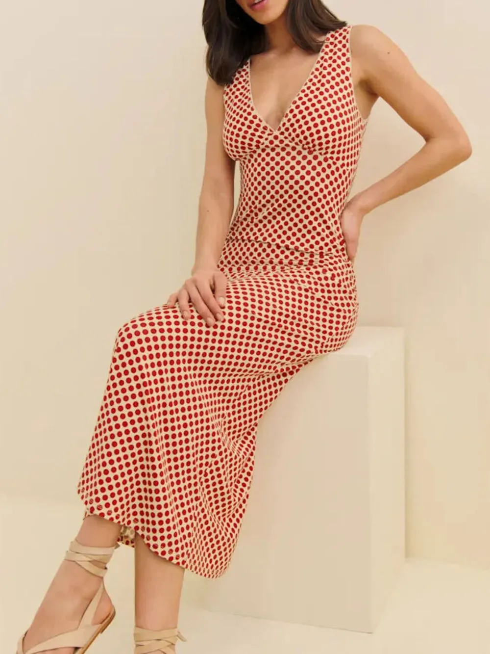 Polka Dot V-Neck Sleeveless Dress, image 3