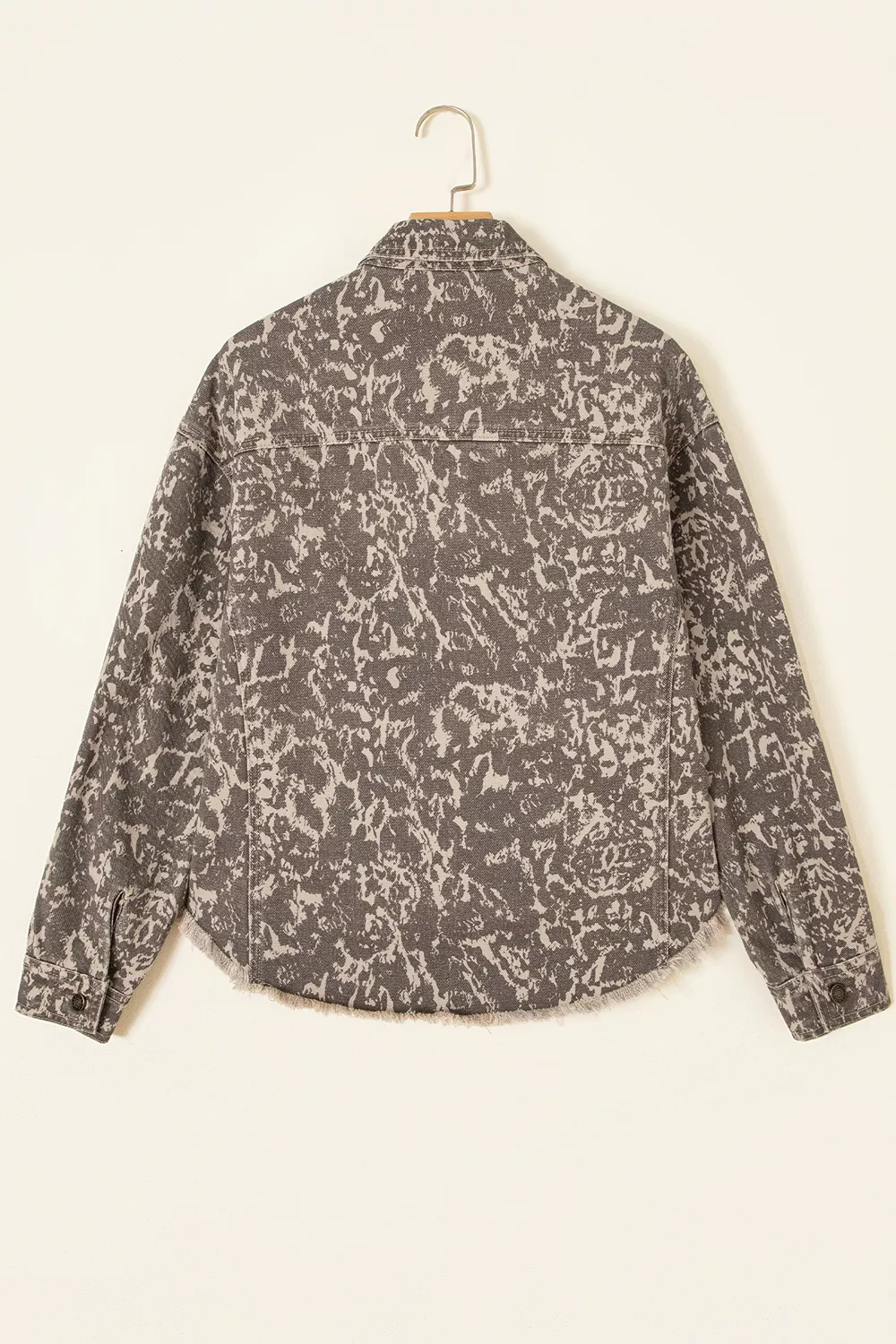 Abstract Print Long Sleeve Collar Raw Hem Denim Jacket, image 6
