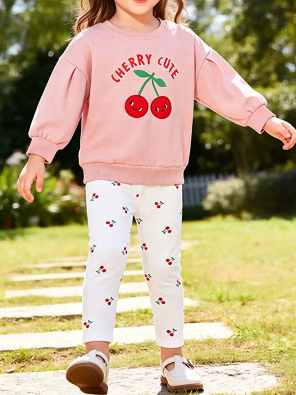 Children's Cherry Long-Sleeve Sweatshirt and Leggings Two-Piece Set