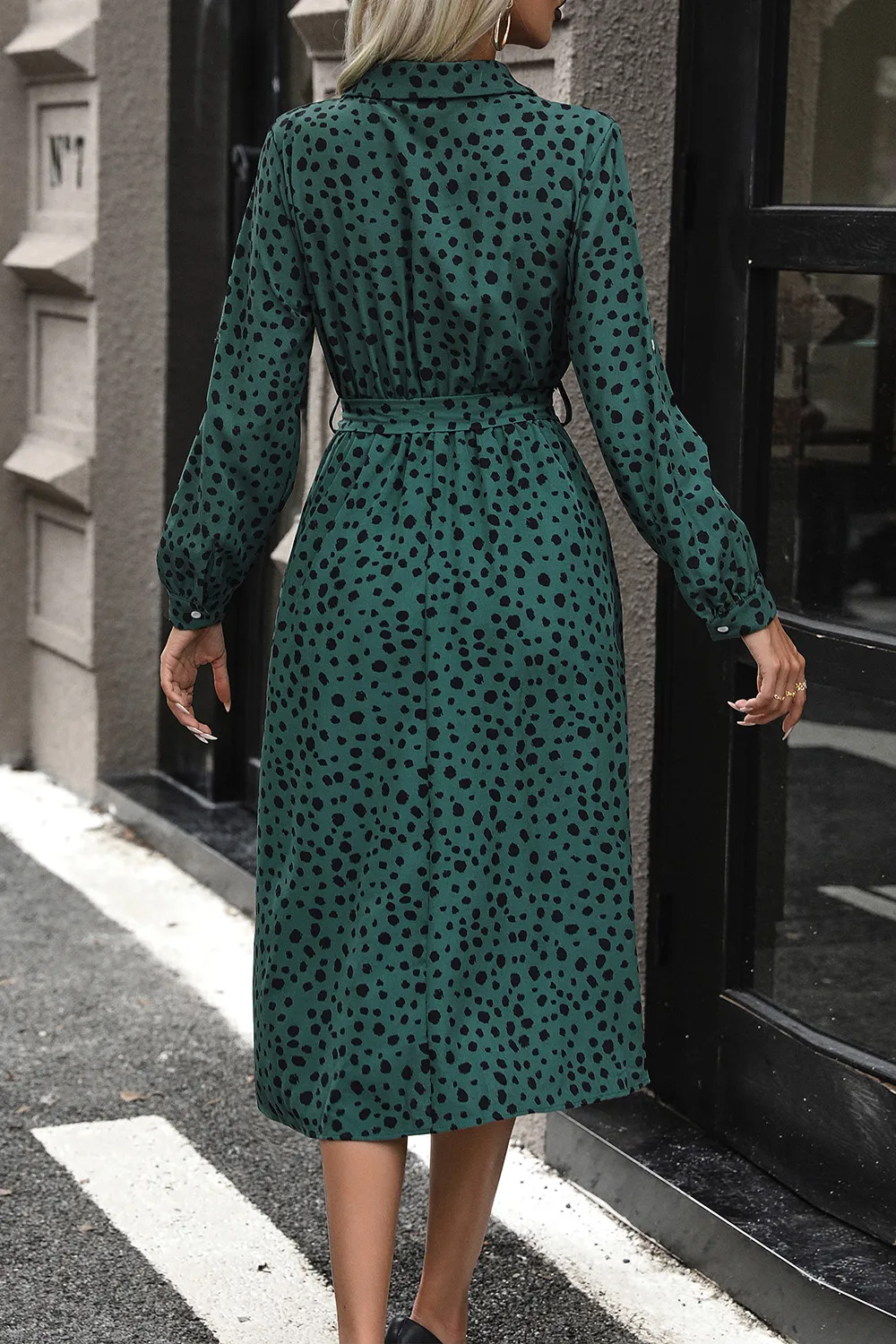 Printed Belted Long Sleeve Midi Dress, image 2