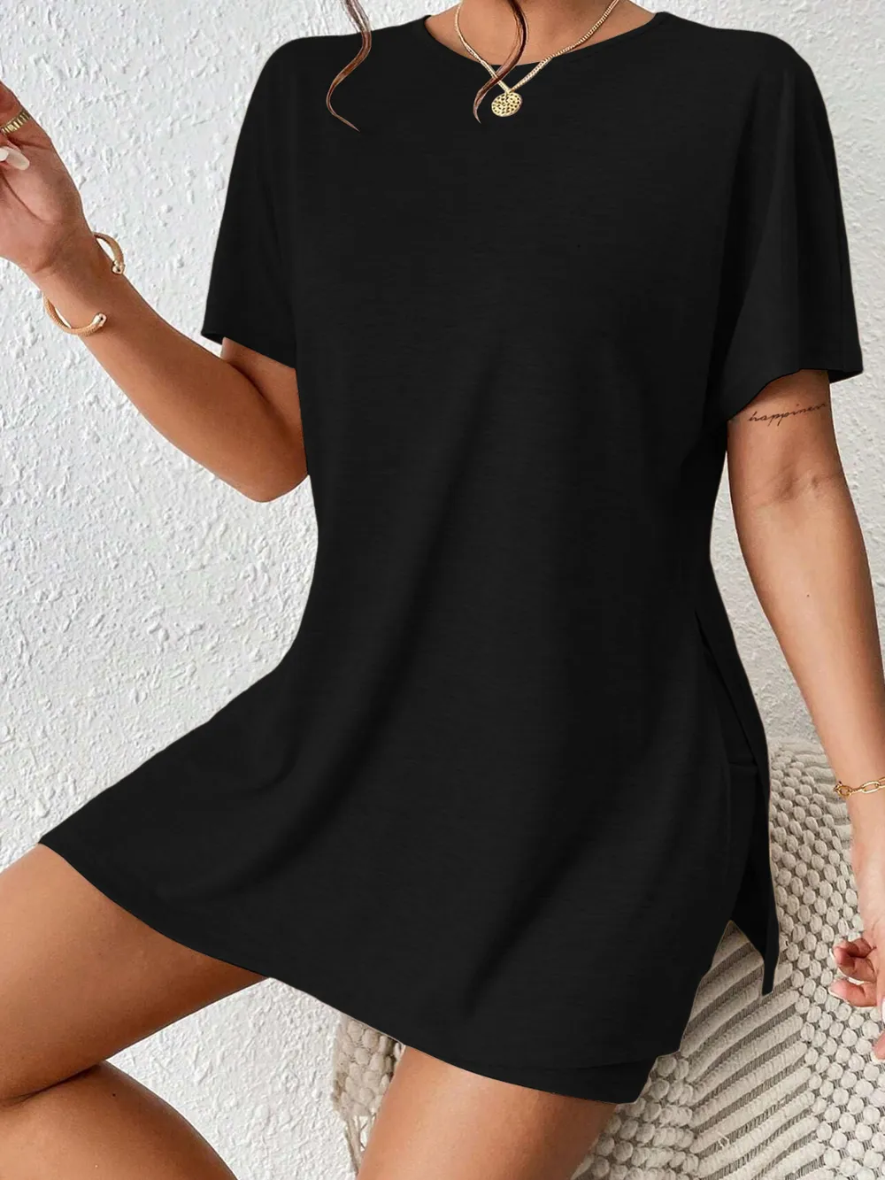 Slit Round Neck Short Sleeve Oversized Top and Shorts Set