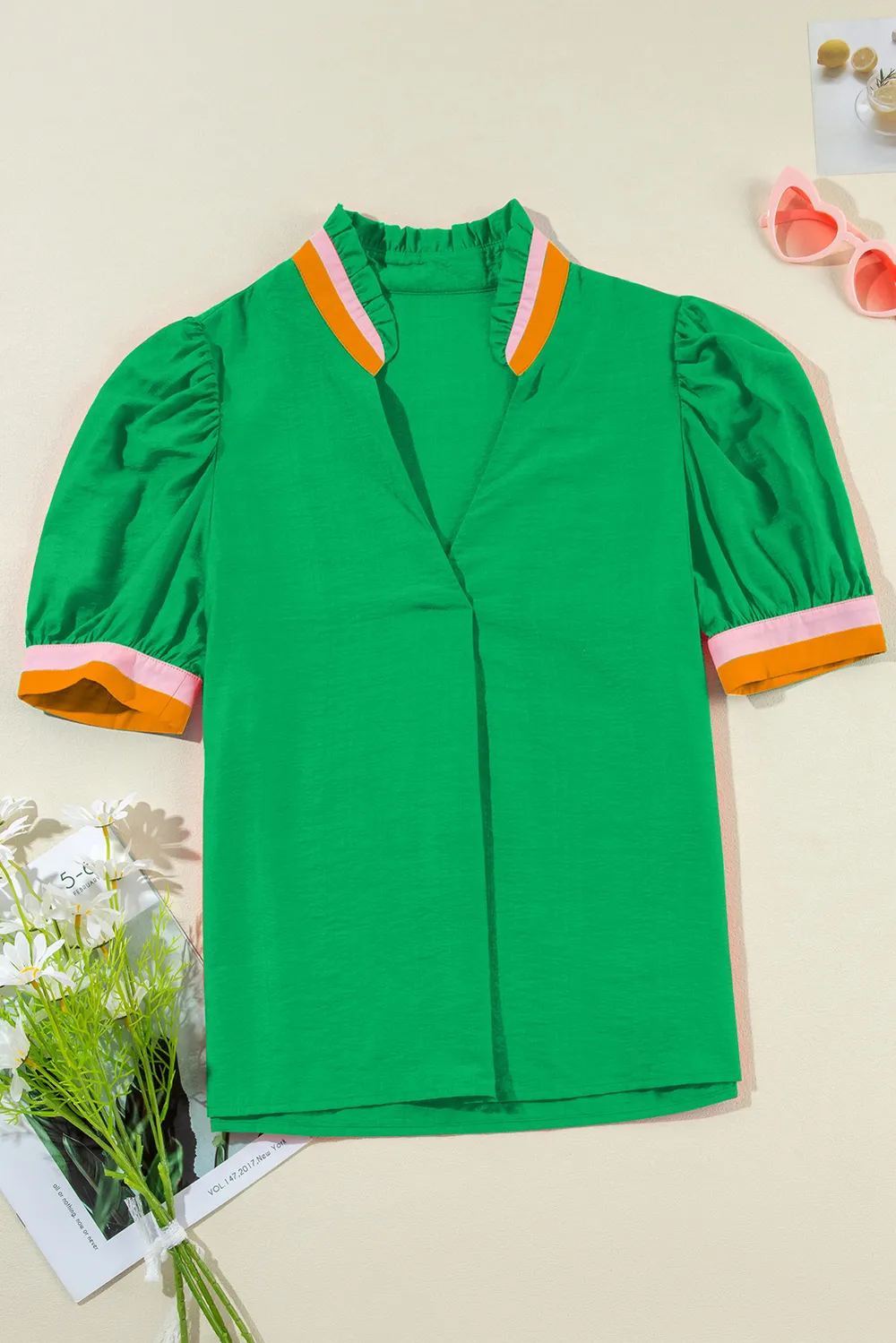 Contrast Trim Notched Short Sleeve Blouse, image 2