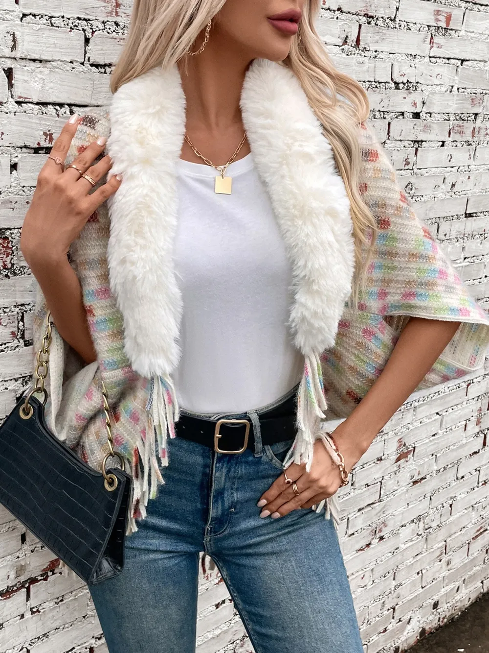 Fringe Fuzzy Open Front Poncho, image 2
