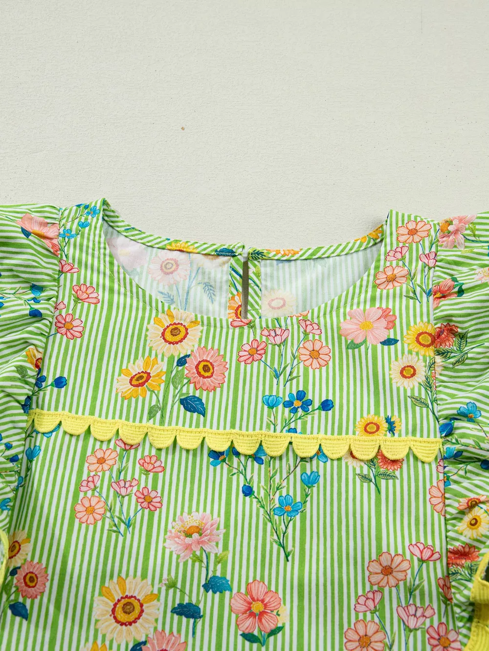 Stripe Floral Printed Scalloped Detail Ruffle Short Sleeve Blouse, image 5