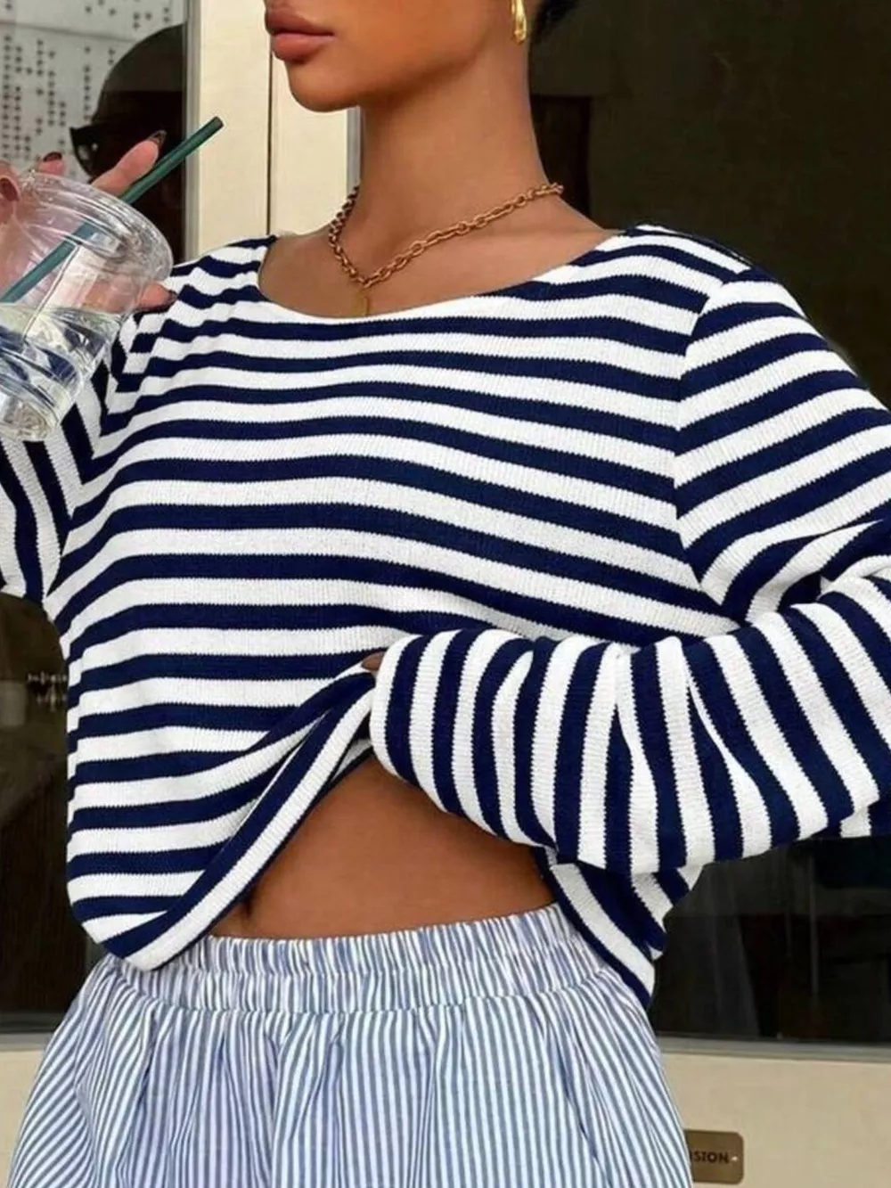 Boat Neck Striped Long Sleeve T-Shirt, image 10
