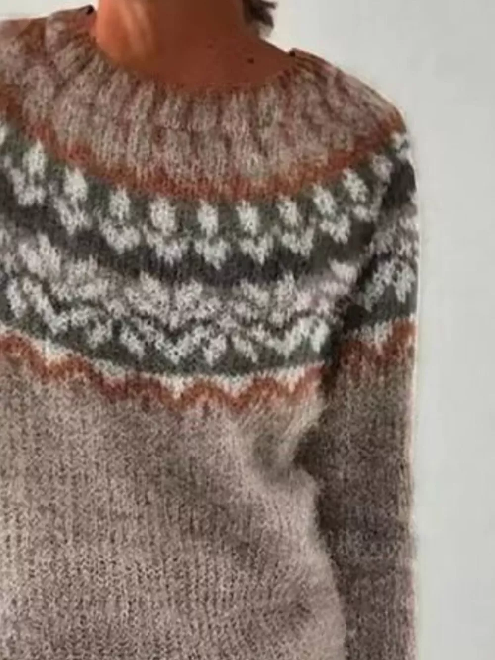 Full Size Vintage Patterned Round Neck Sweater Plus Size, image 15