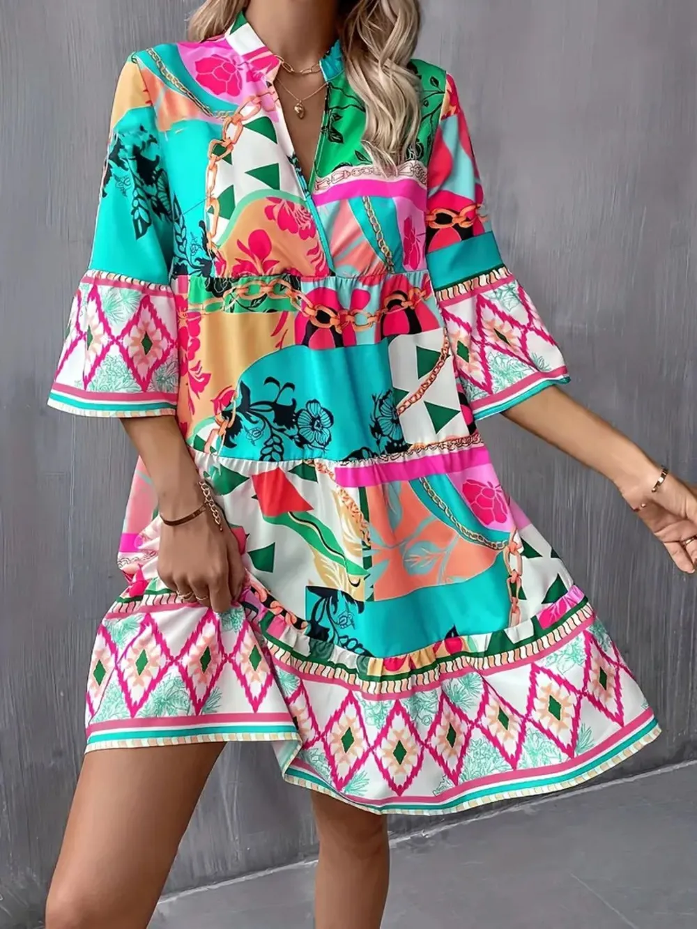 Printed Notched 3/4 Sleeve Tiered Dress, image 3