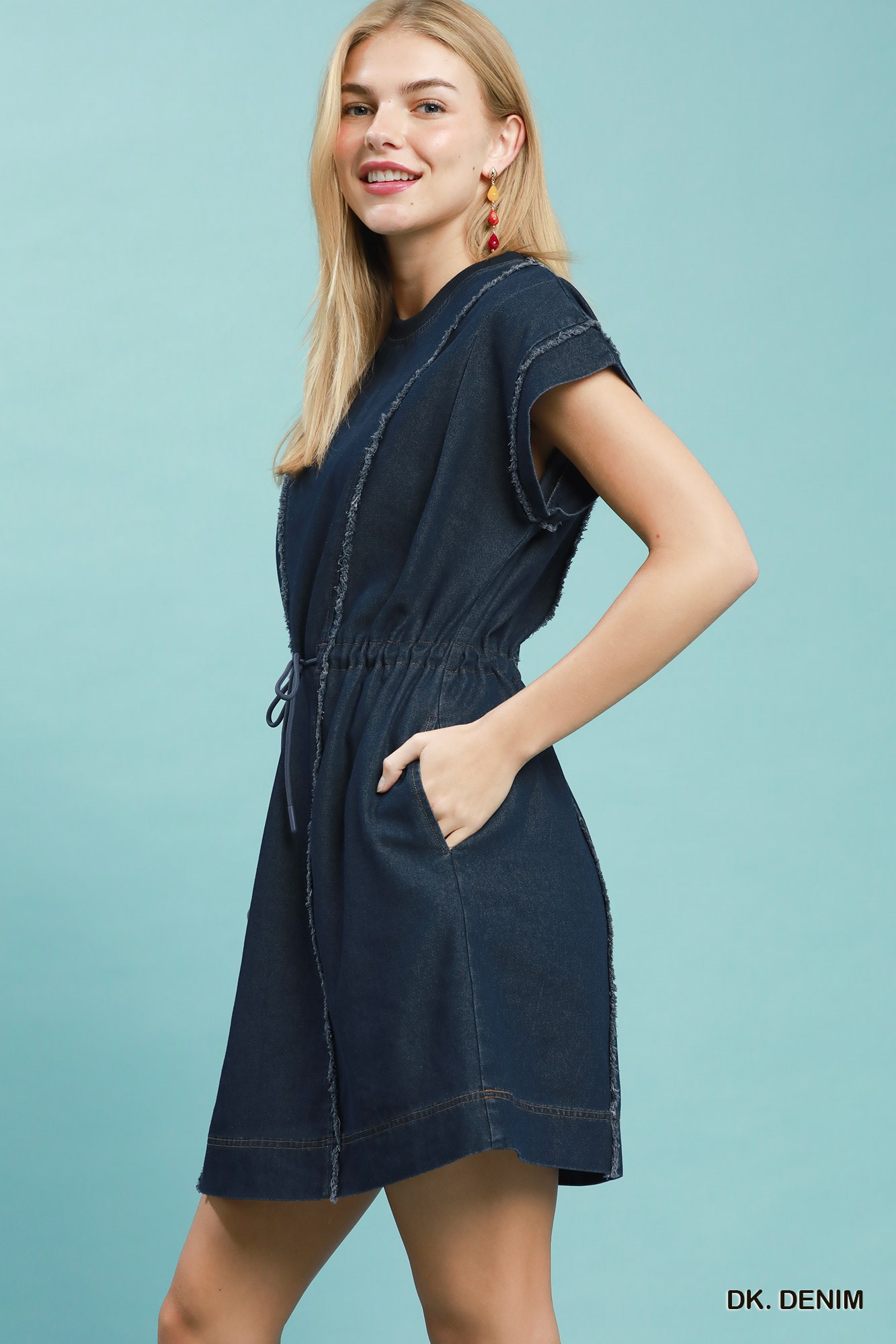 Drawstring Waist Frayed Denim Mini Dress, image 2