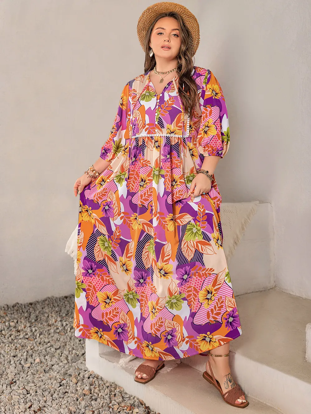 Plus Size Printed Tie Neck Maxi Dress, image 2