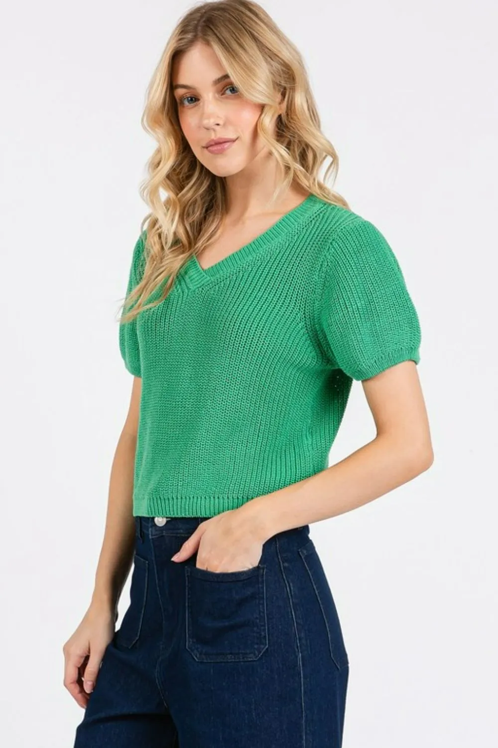 V-Neck Short Sleeve Crop Sweater, image 3