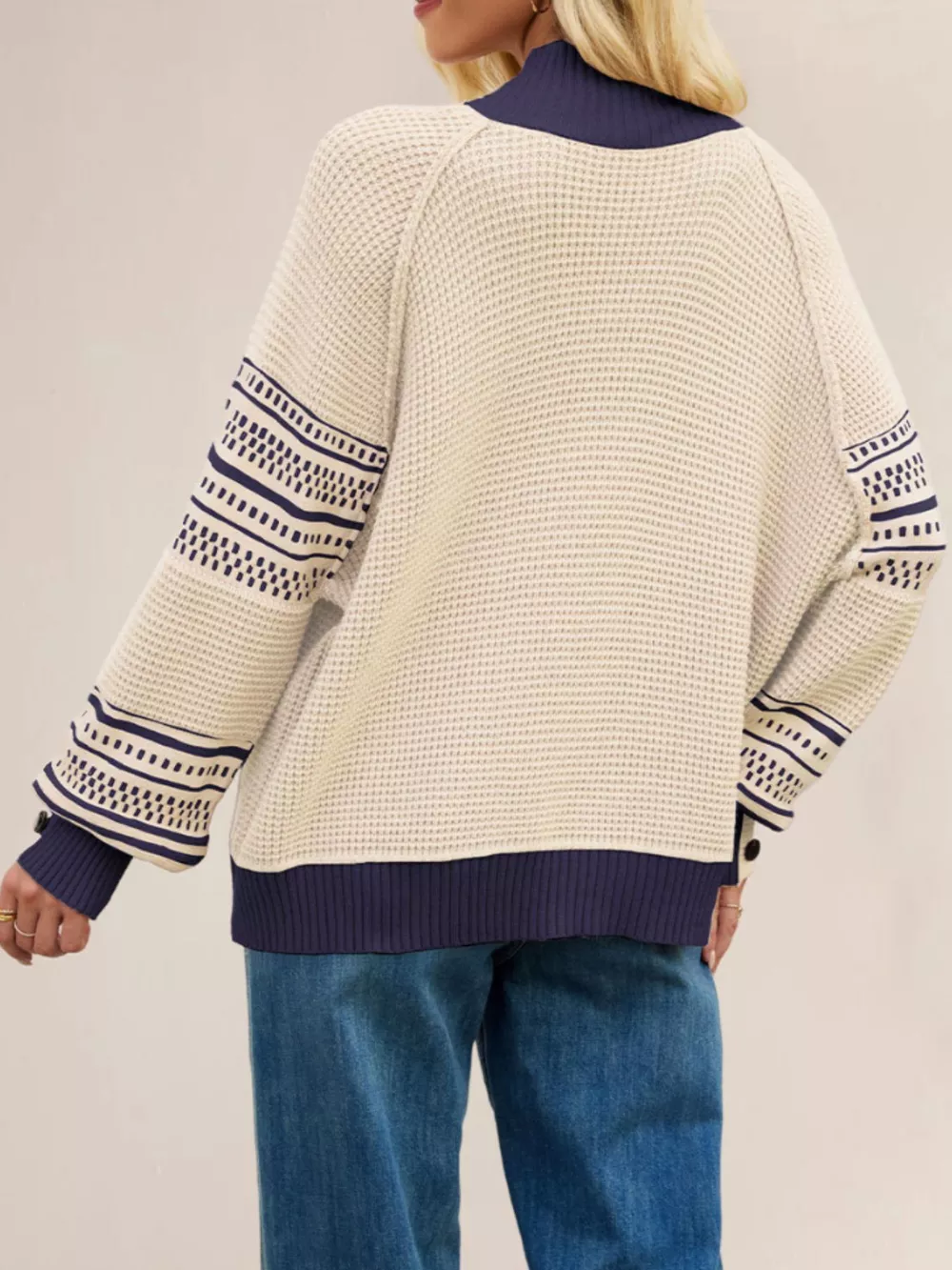 Color-Block Mock Neck Waffle Knit Sweater, image 2