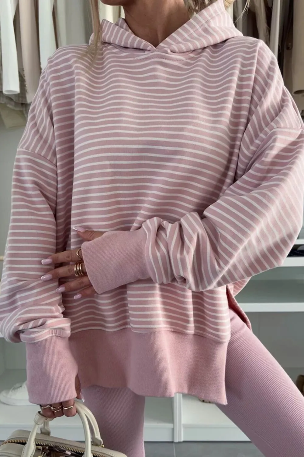 Side Slit Striped Oversized Hoodie