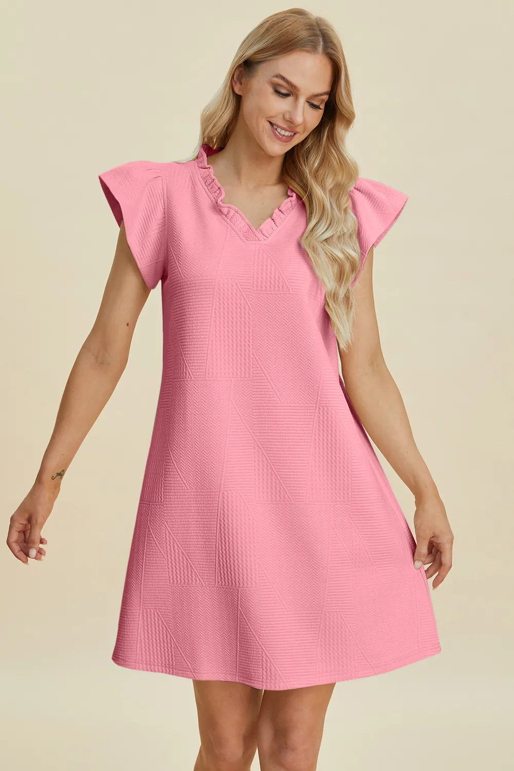 Full Size Ruffled V-Neck Cap Sleeve Dress, image 3