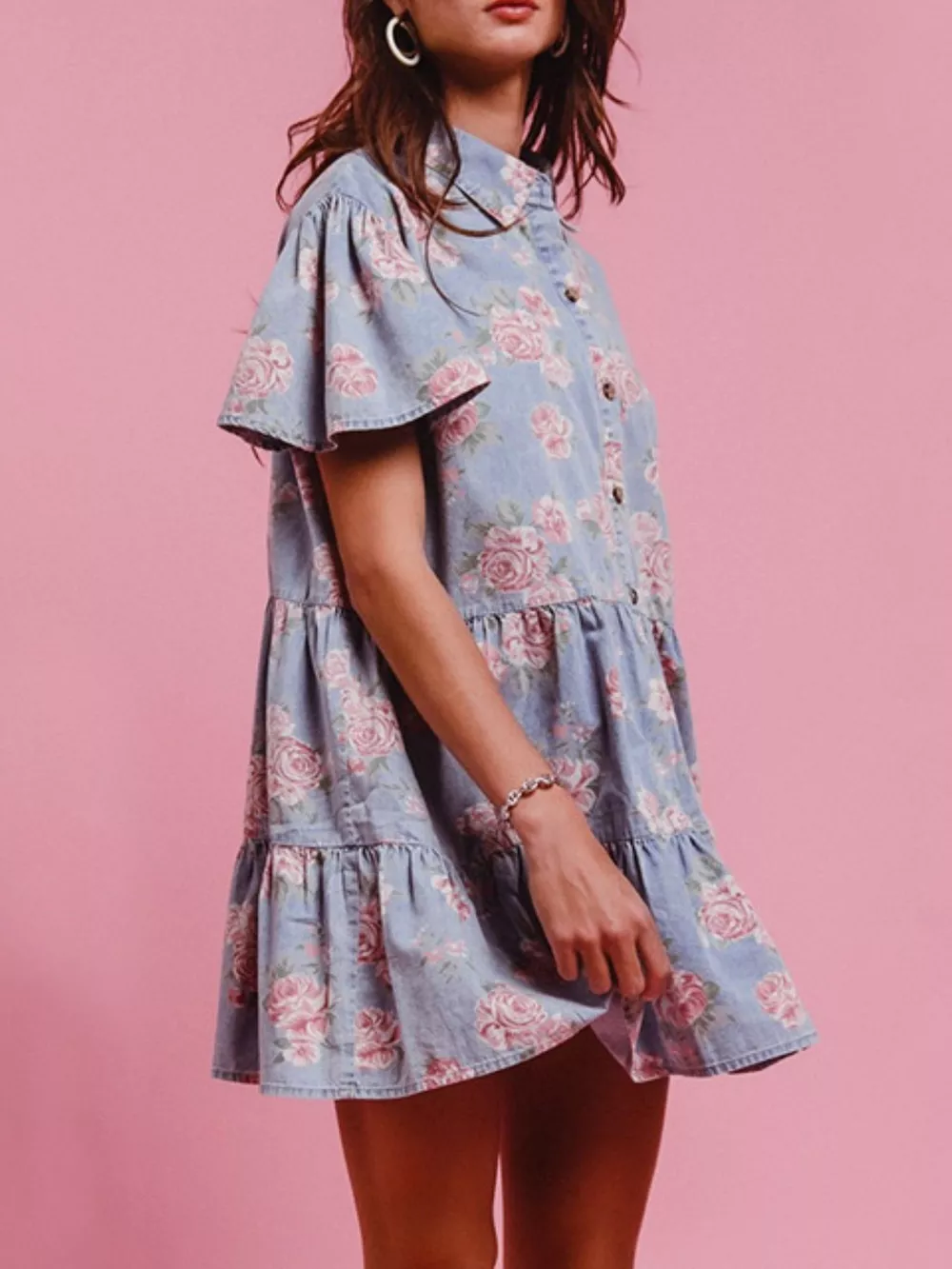Floral Print Denim Button-Down Tiered Mini Dress, image 8