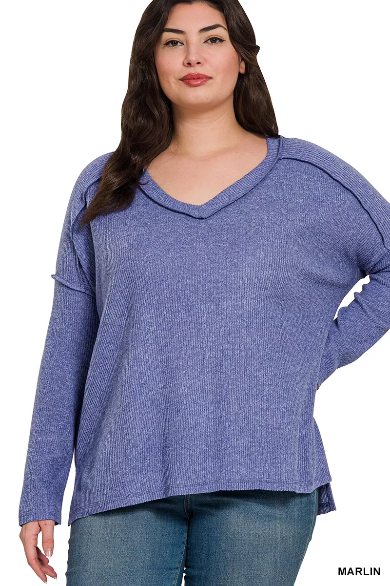 Full Size Brushed Ribbed Hacci Drop Shoulder V-Neck Sweater Plus Size, image 2