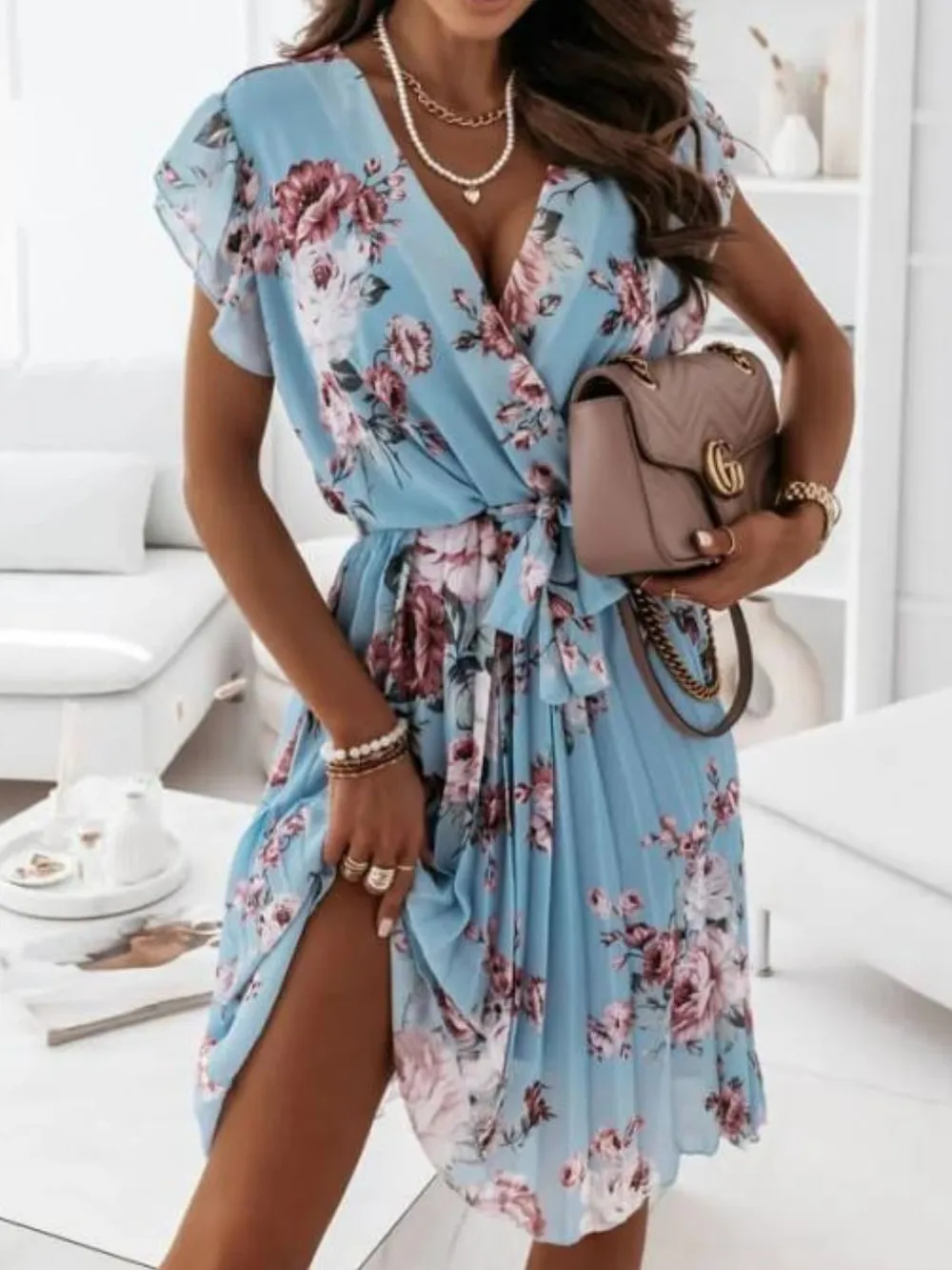 Floral Surplice Ruffled Cap Sleeve Dress, image 2