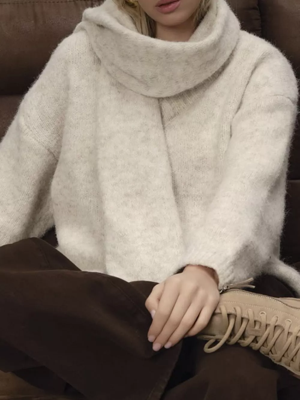Oversized V-Neck Dropped Shoulder Sweater with Scarf, image 8