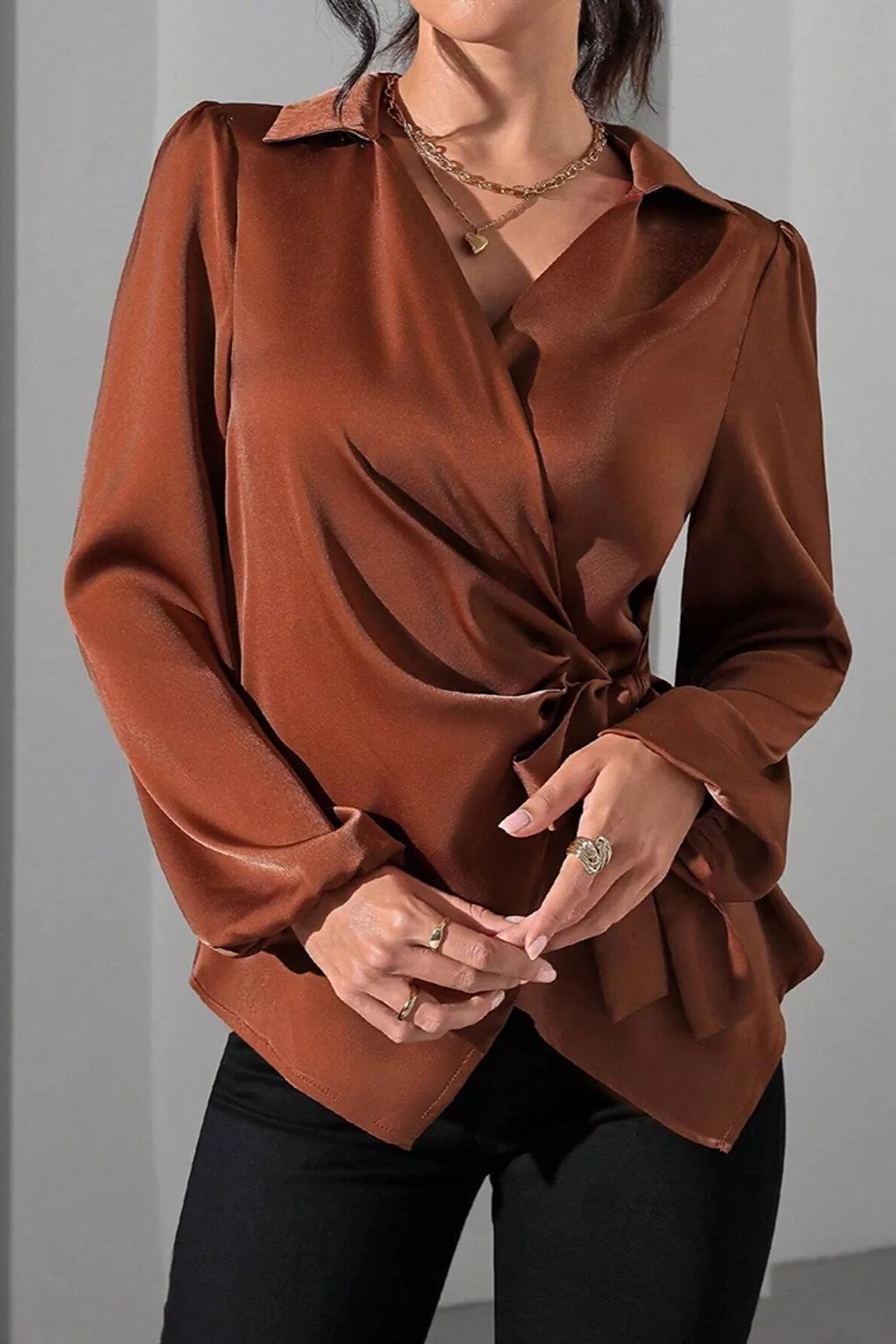 Satin Tied Detail Long Sleeve Blouse, image 4