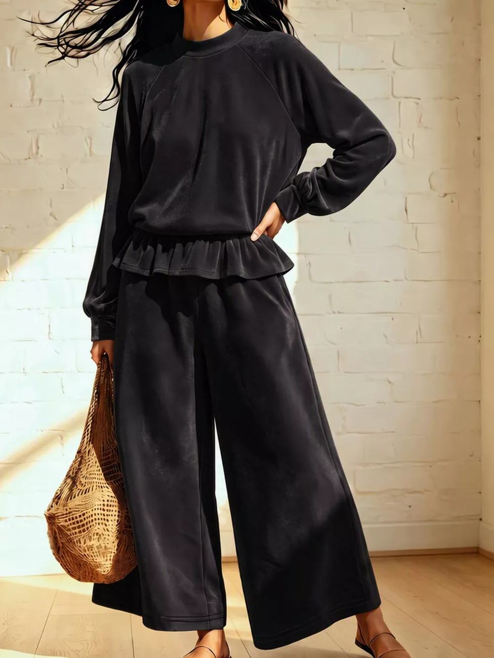 Velvet Peplum Top and Wide-Leg Pants Set, image 8