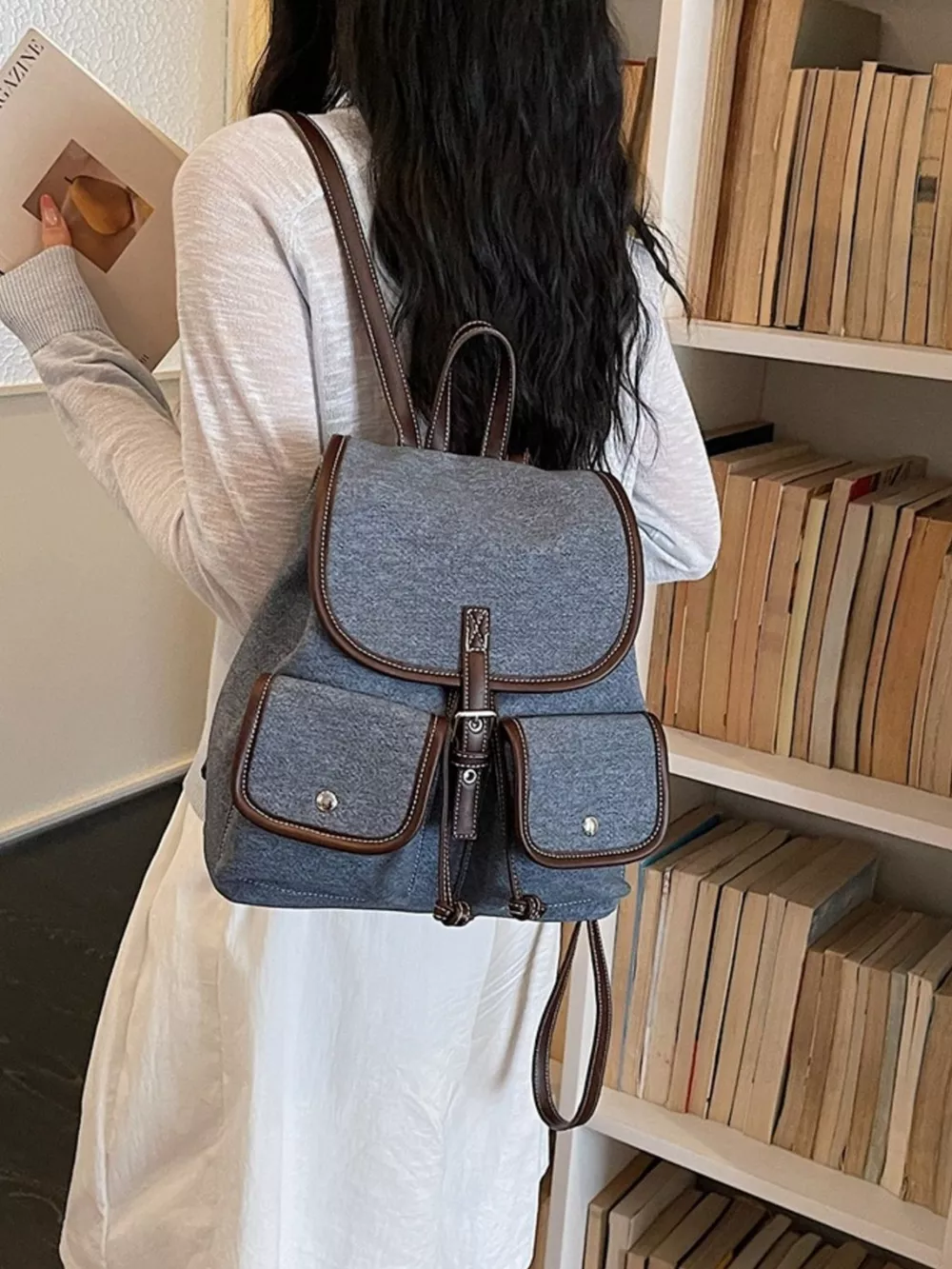 Casual Denim Flap Backpack Bag, image 4