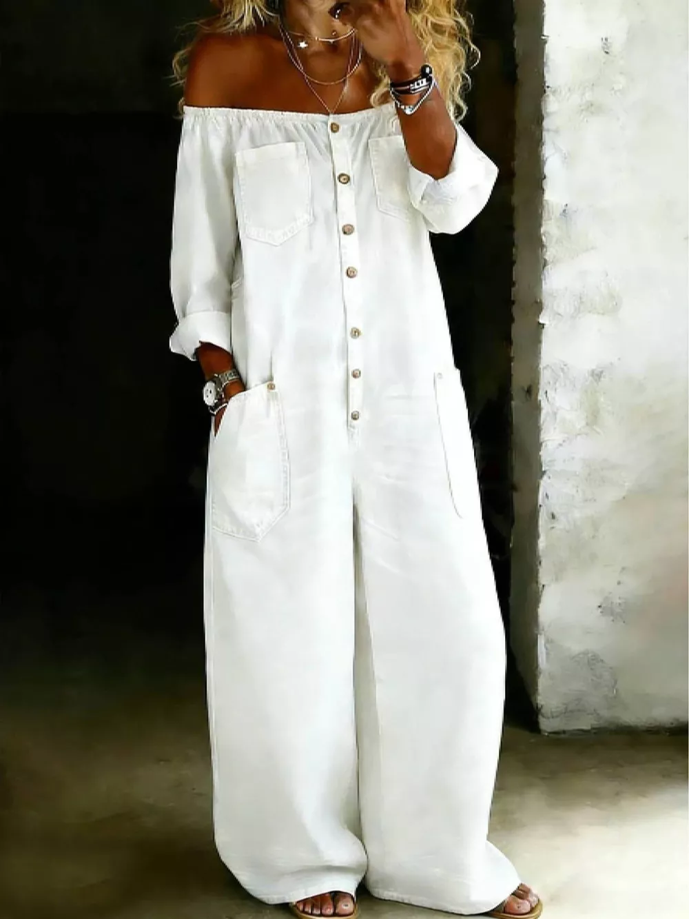 Full Size Off-Shoulder Button-Down Wide-Leg Jumpsuit Plus Size, image 2