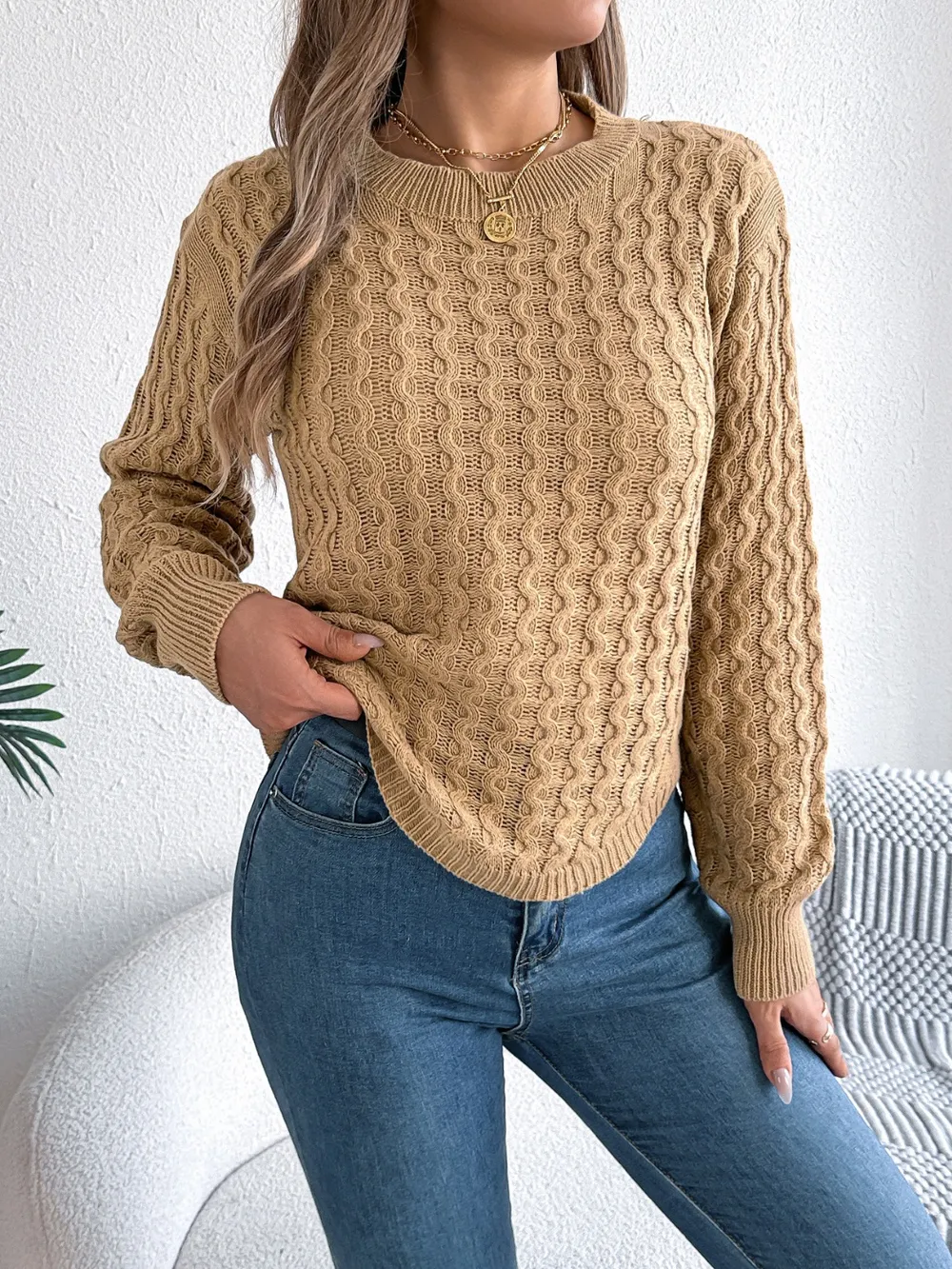 Asymmetric Hem Round Neck Long Sleeve Sweater, image 2