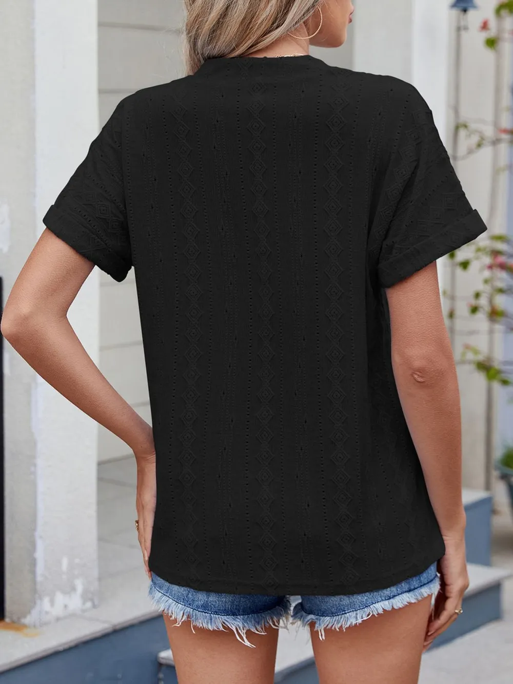 Eyelet Notched Short Sleeve Top, image 4