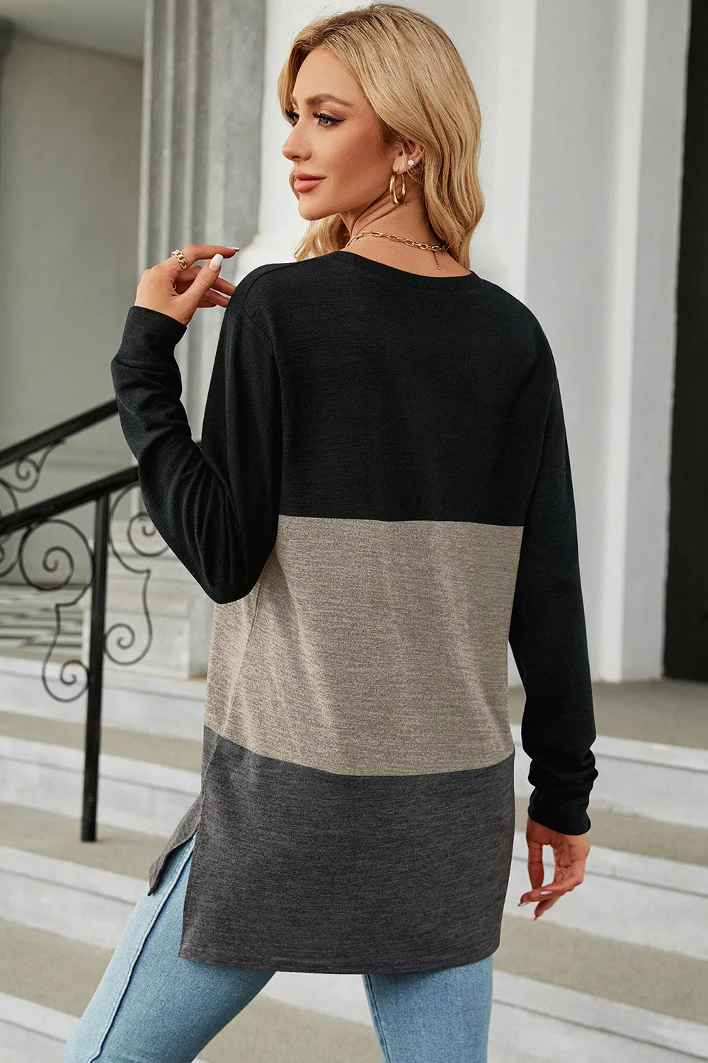 Color Block Round Neck Long Sleeve T-Shirt, image 9