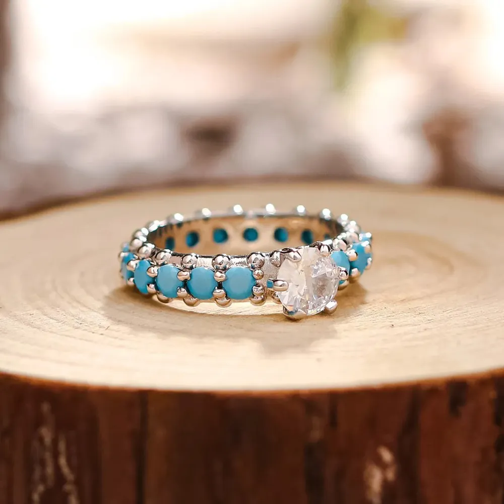 Inlaid Artificial Turquoise Zircon 925 Sterling Silver Ring, image 2
