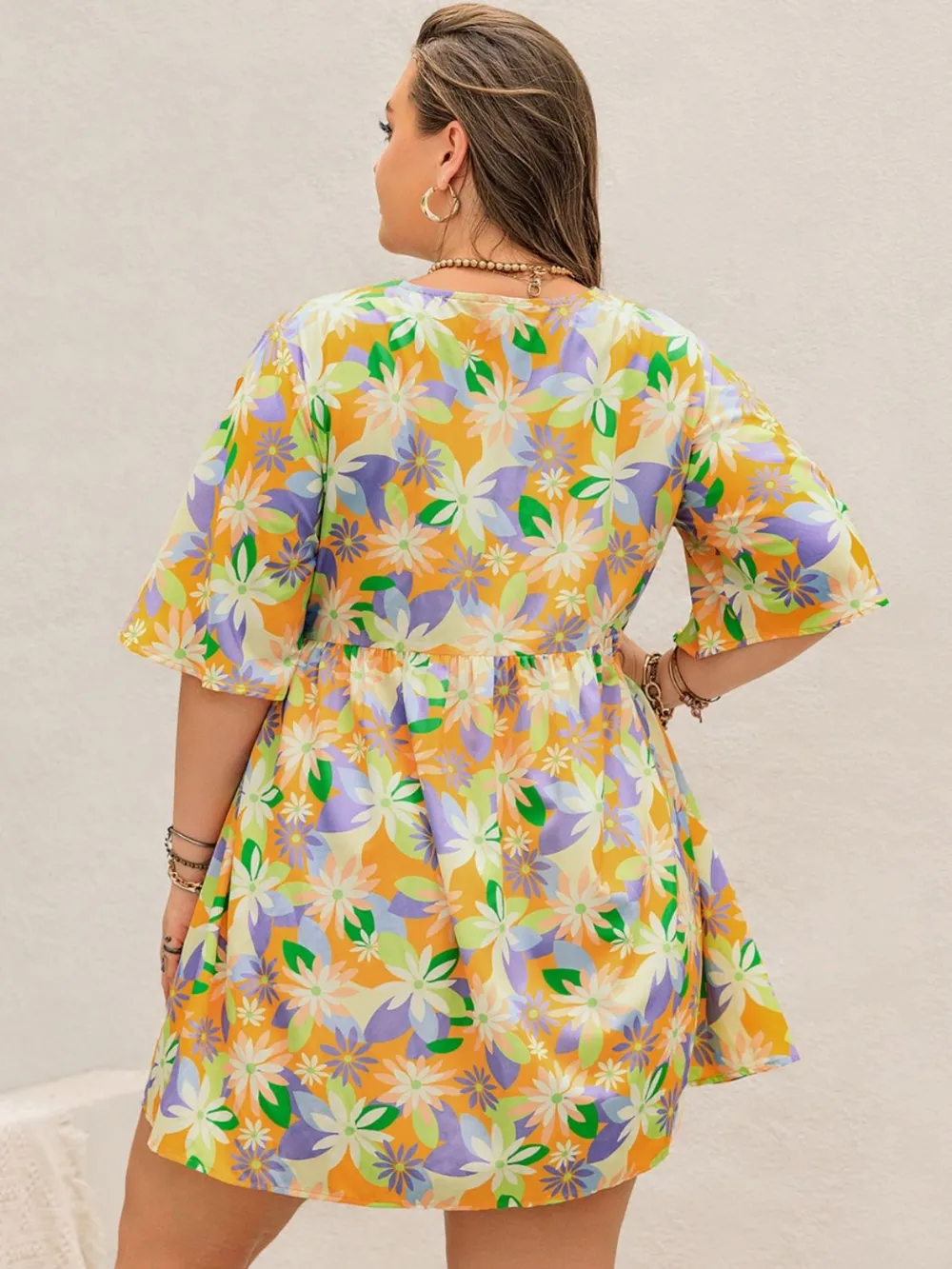 Plus Size Printed V-Neck Half Sleeve Mini Dress, image 2