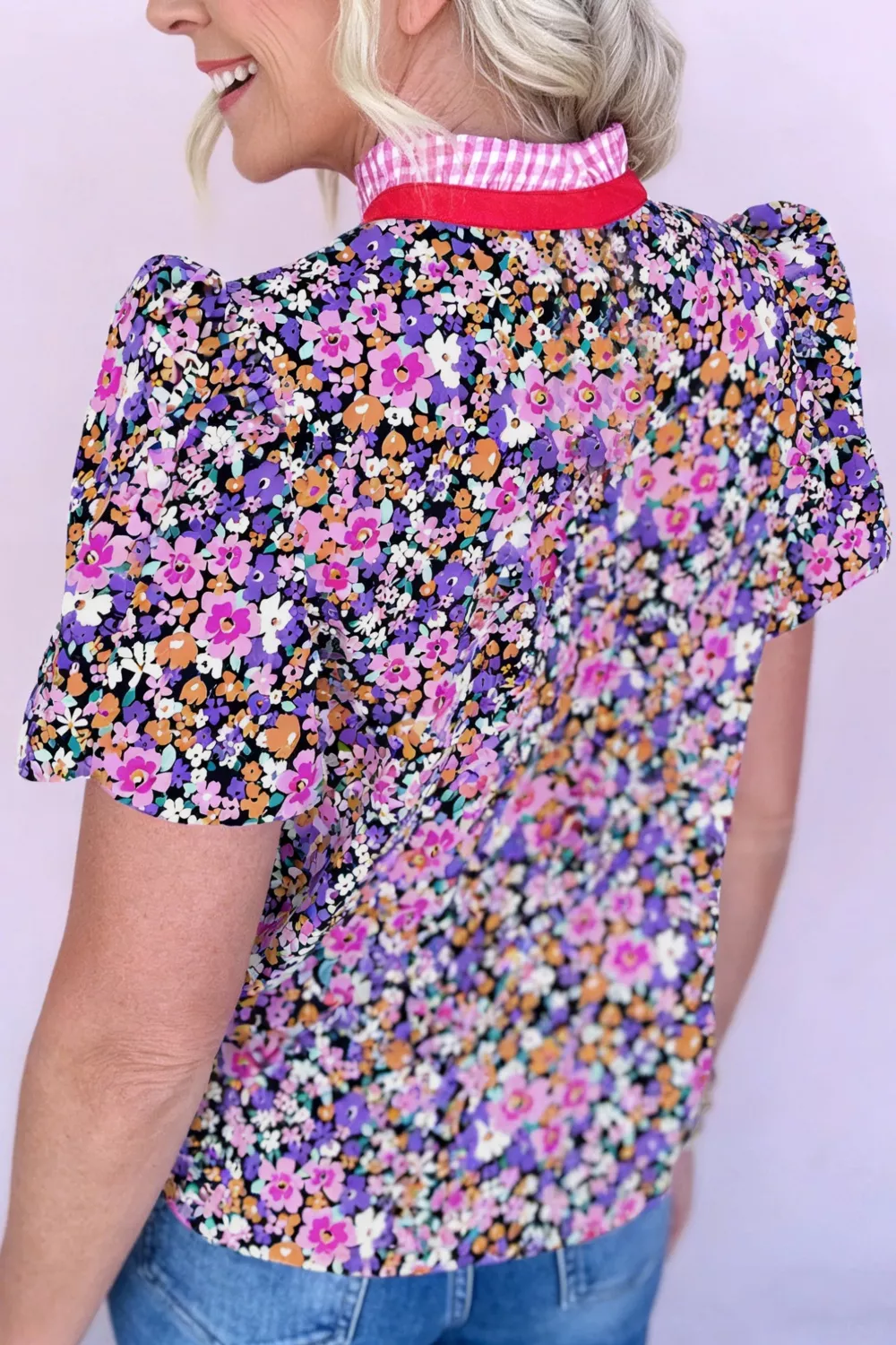 Ditsy Floral Print Plaid Colorblock Trim V Neck Blouse, image 4
