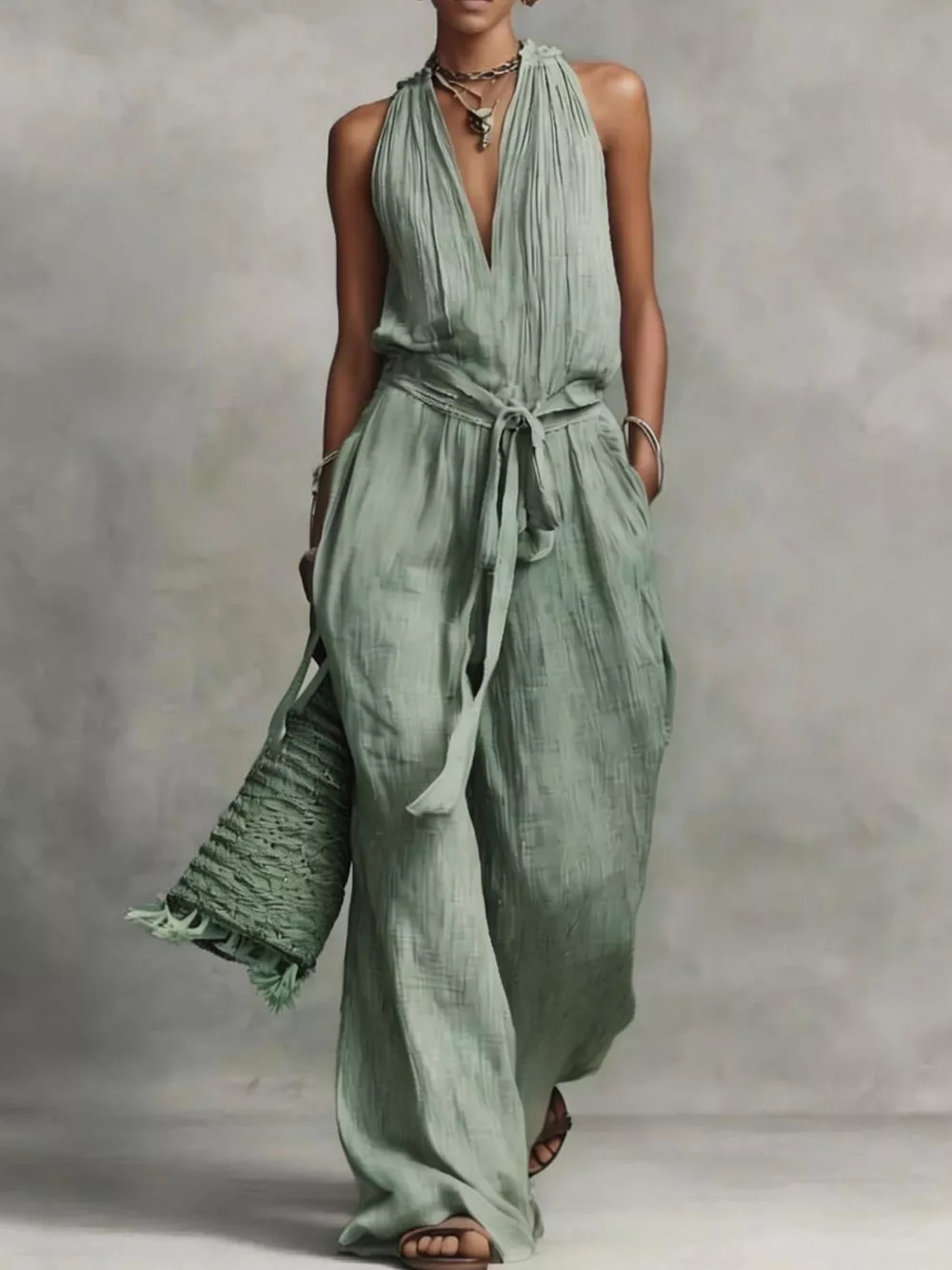 Sleeveless Wide-Leg Jumpsuit with Tie-Waist, image 5