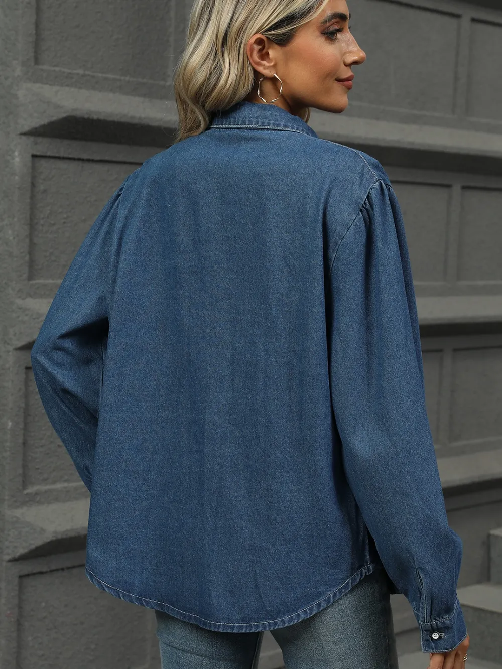 Button Down Collared Neck Long Sleeve Denim Top, image 2