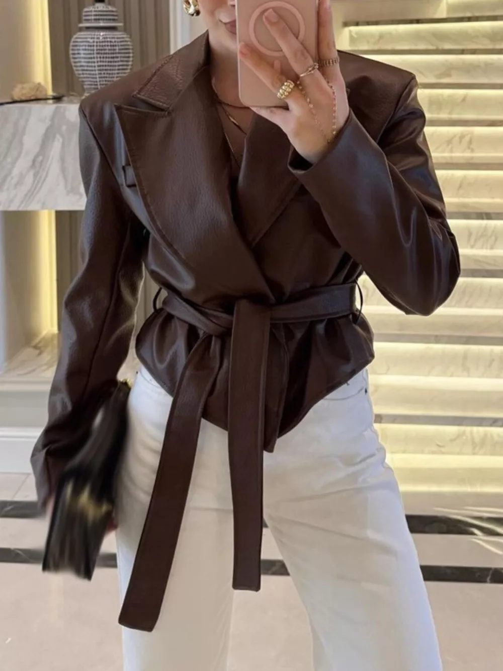 Belted Leather Jacket with Shawl Collar, image 19